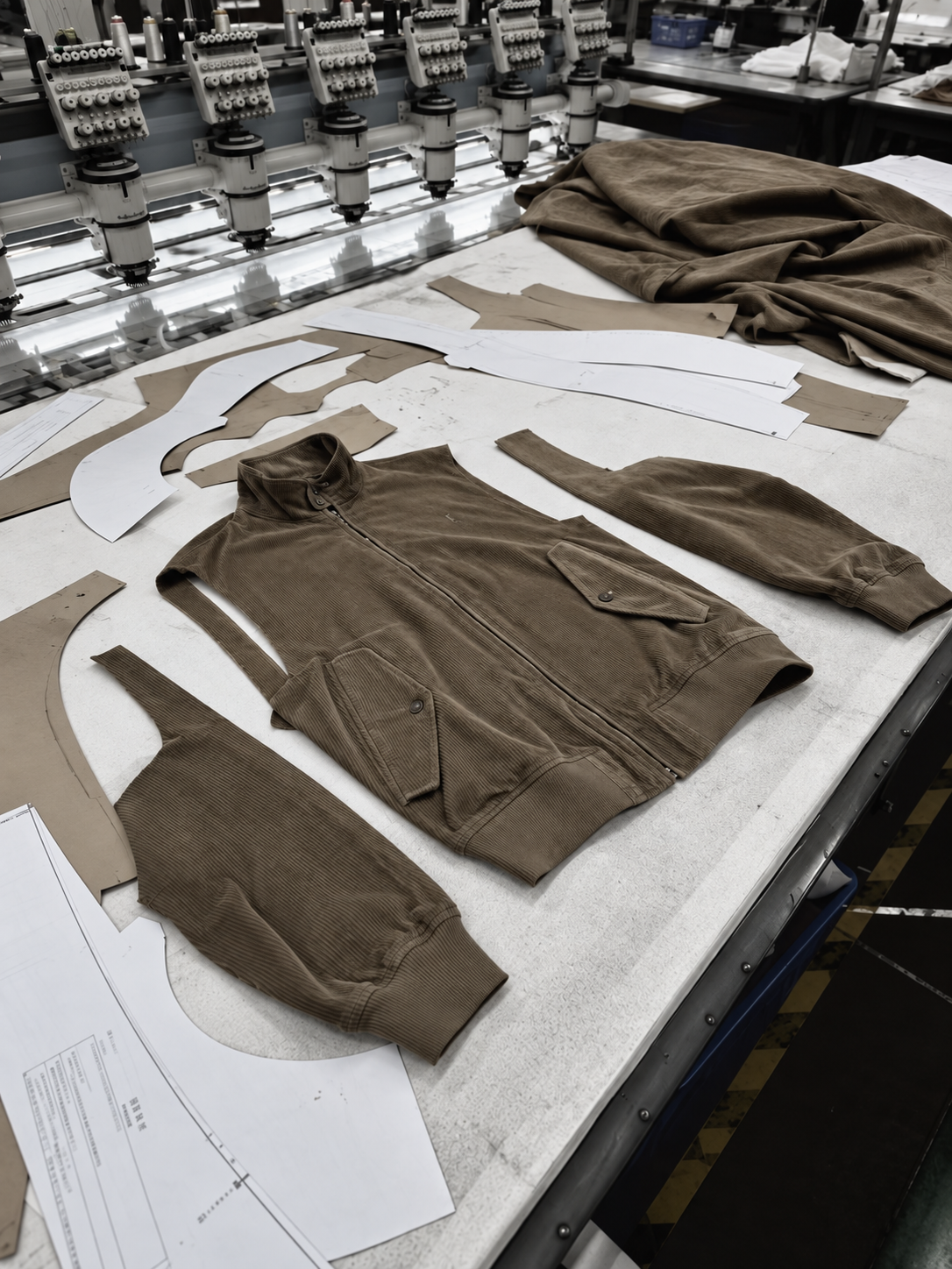 Corduroy garment panels and paper patterns beside embroidery machinery