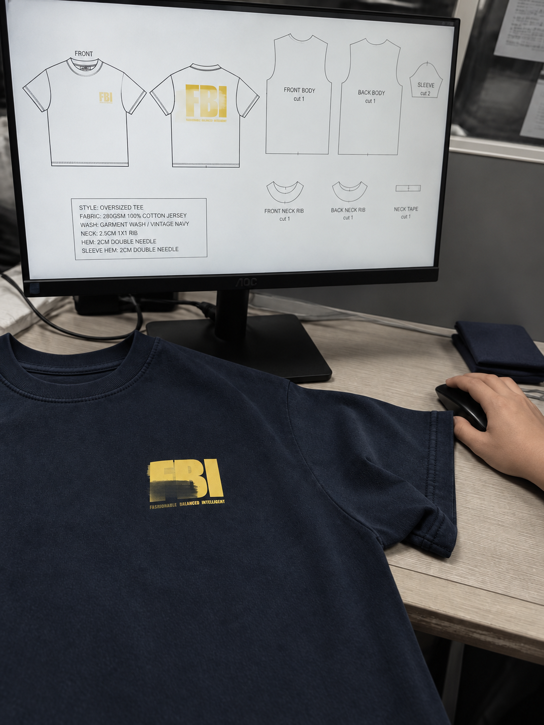 Garment pattern drawings and a sample T-shirt at the development worktable