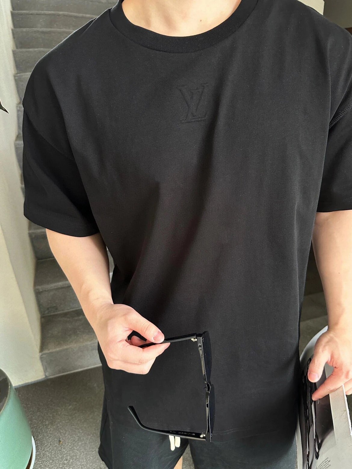 RD-C136 · Black Cotton T-Shirt with Embossed Relief Logo showcase view 2