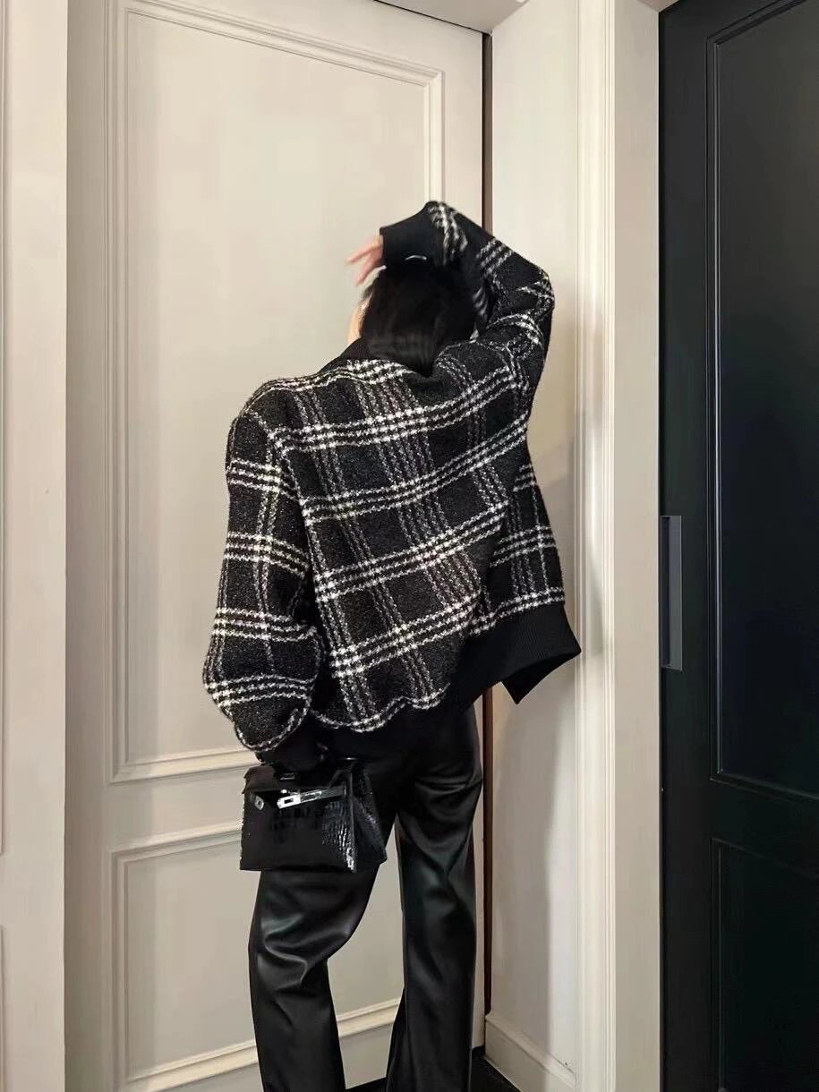 RD-C039 · Black and White Tweed Bomber Jacket showcase view 2