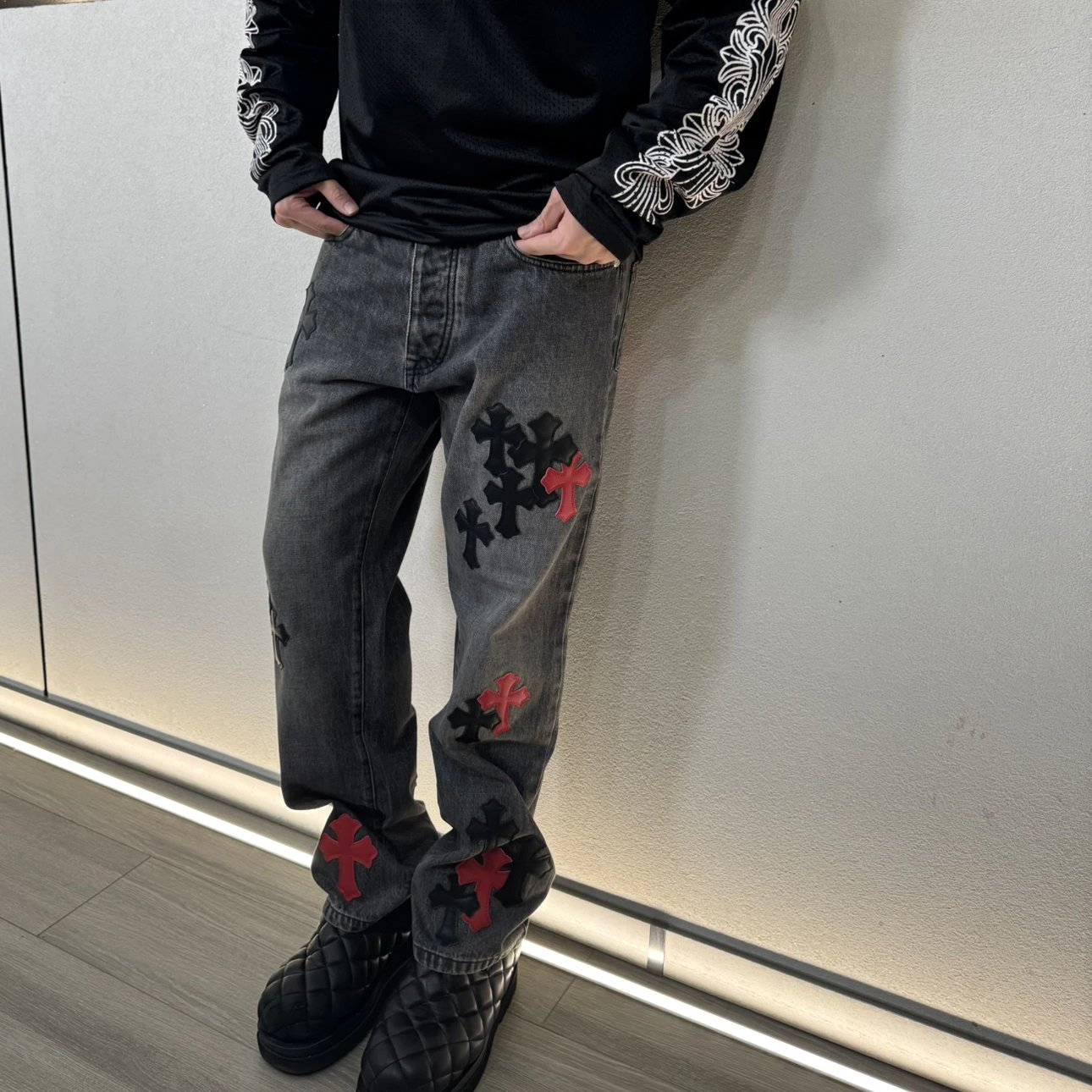 RD-C015 · Black & Red Cross Patch Washed Jeans showcase view 2