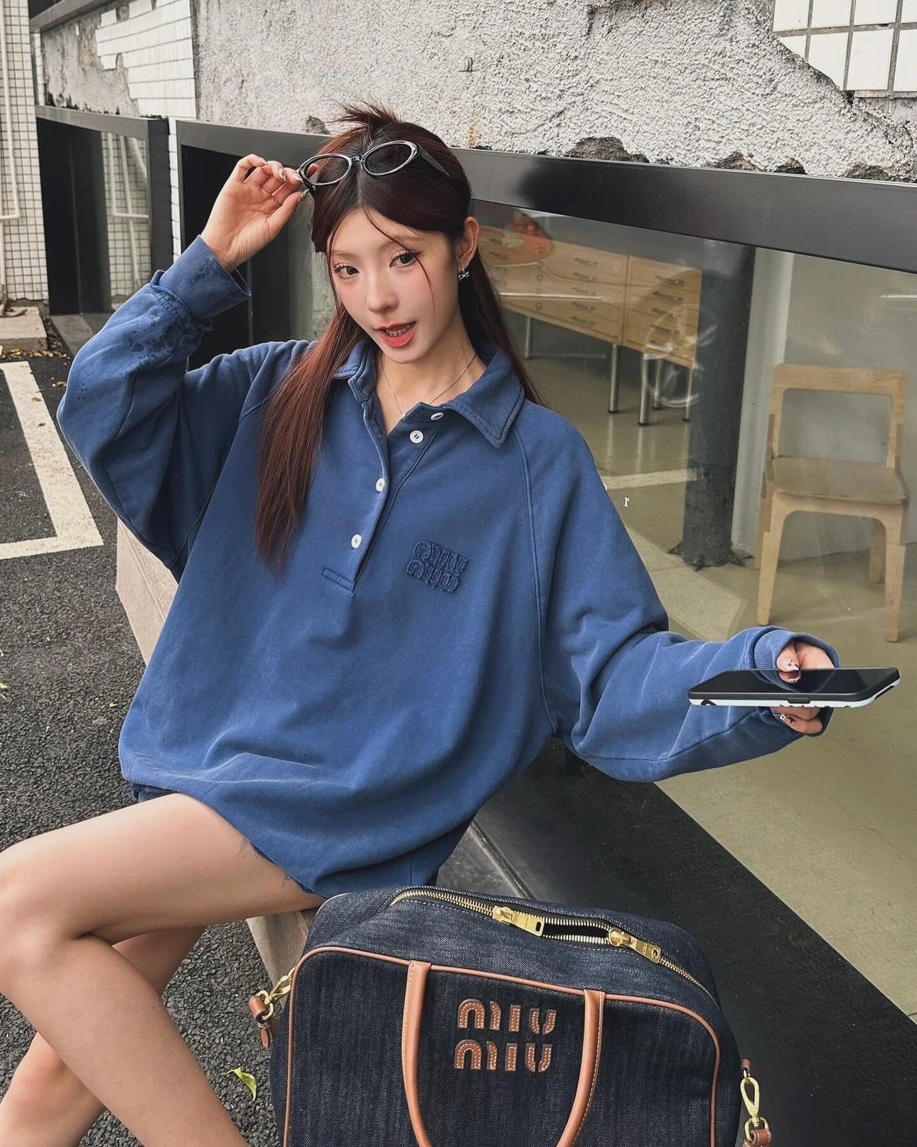 RD-C392 · Washed Blue Polo-Collar Sweatshirt showcase view 4