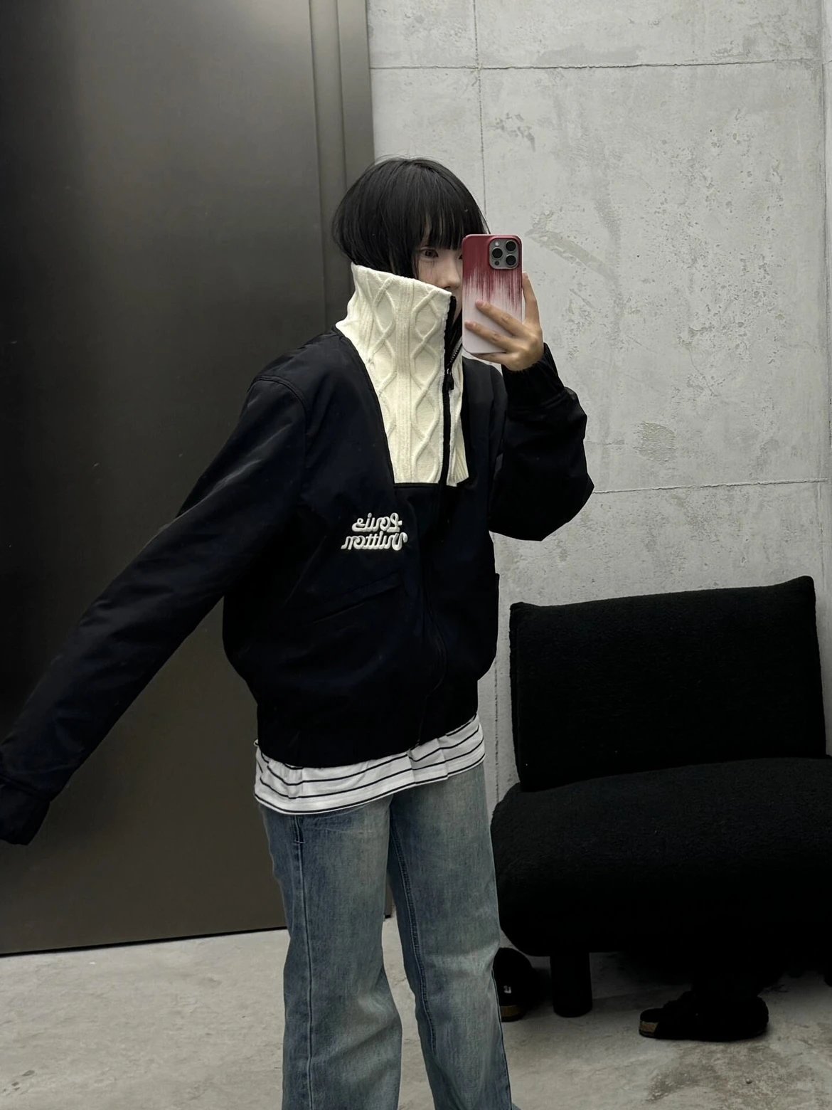 RD-C223 · Color-Block Cable-Knit Collar Padded Jacket showcase view 2