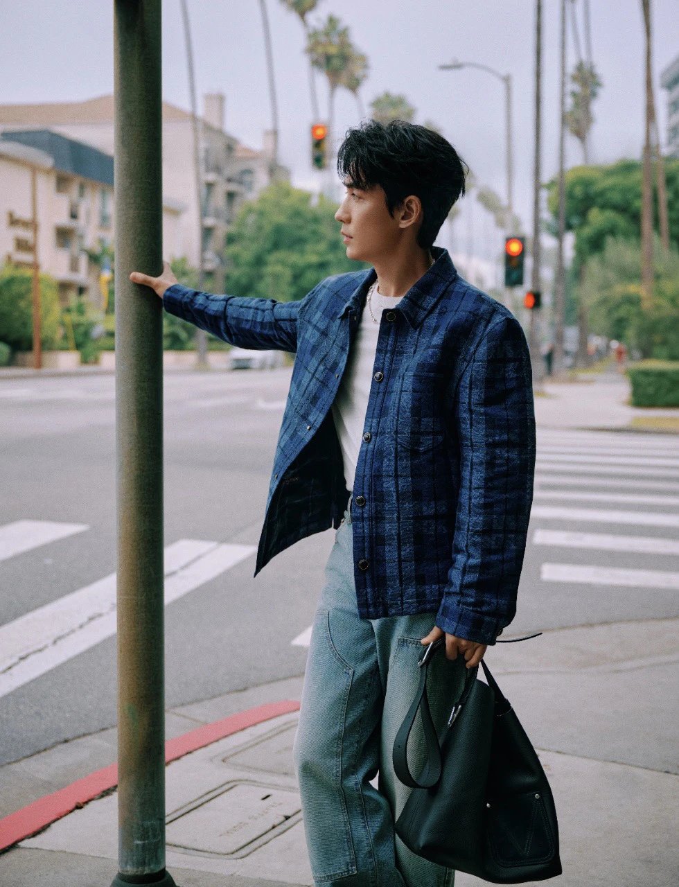 RD-C224 · Navy Jacquard Plaid Denim Shirt Jacket showcase view 4