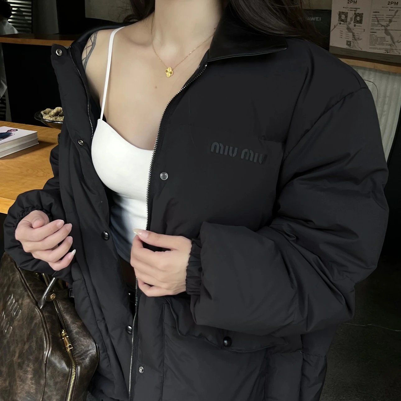 RD-C317 · Leather-Collar Cropped Down Jacket showcase view 2