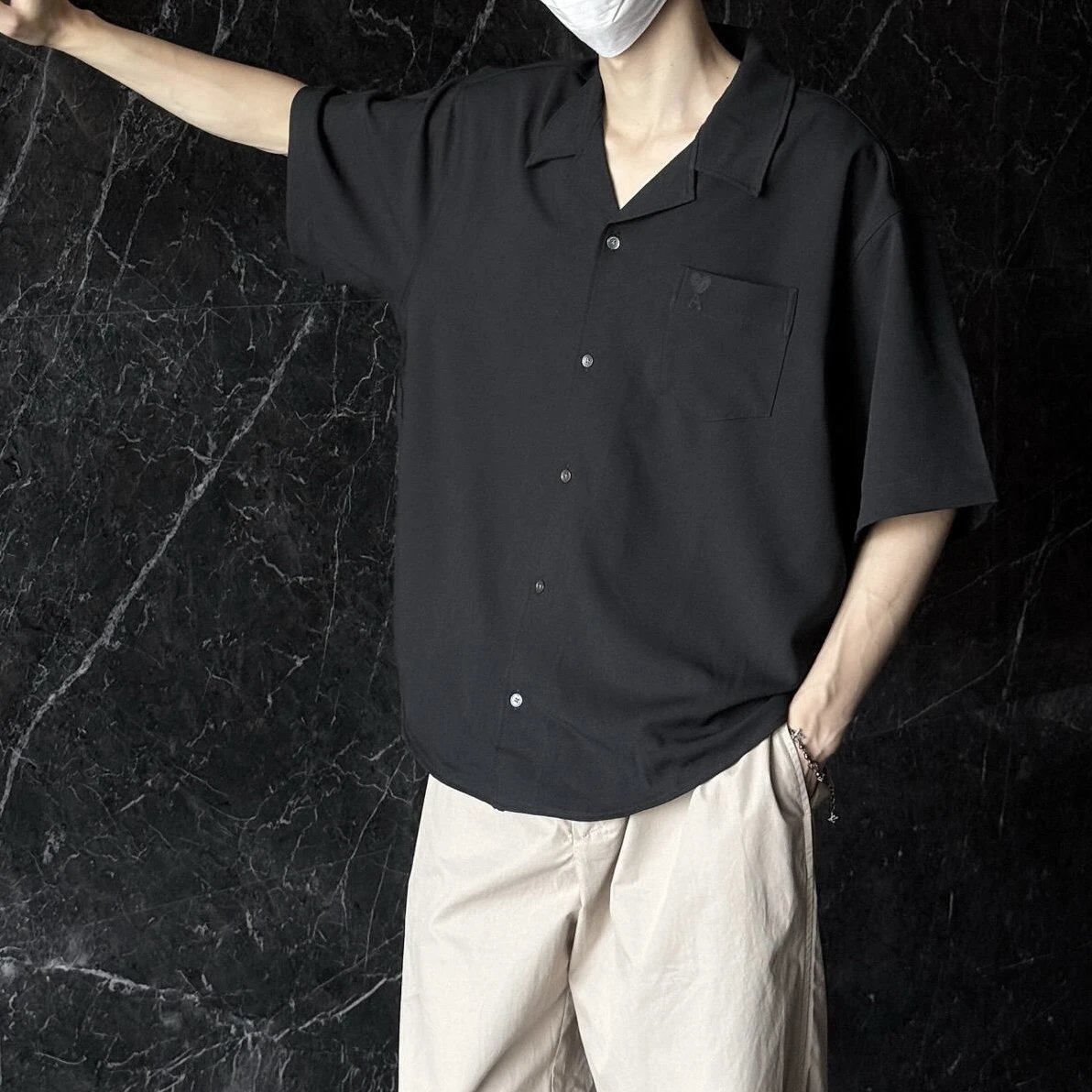RD-C146 · Black Relaxed-Fit Cuban-Collar Shirt showcase view 4