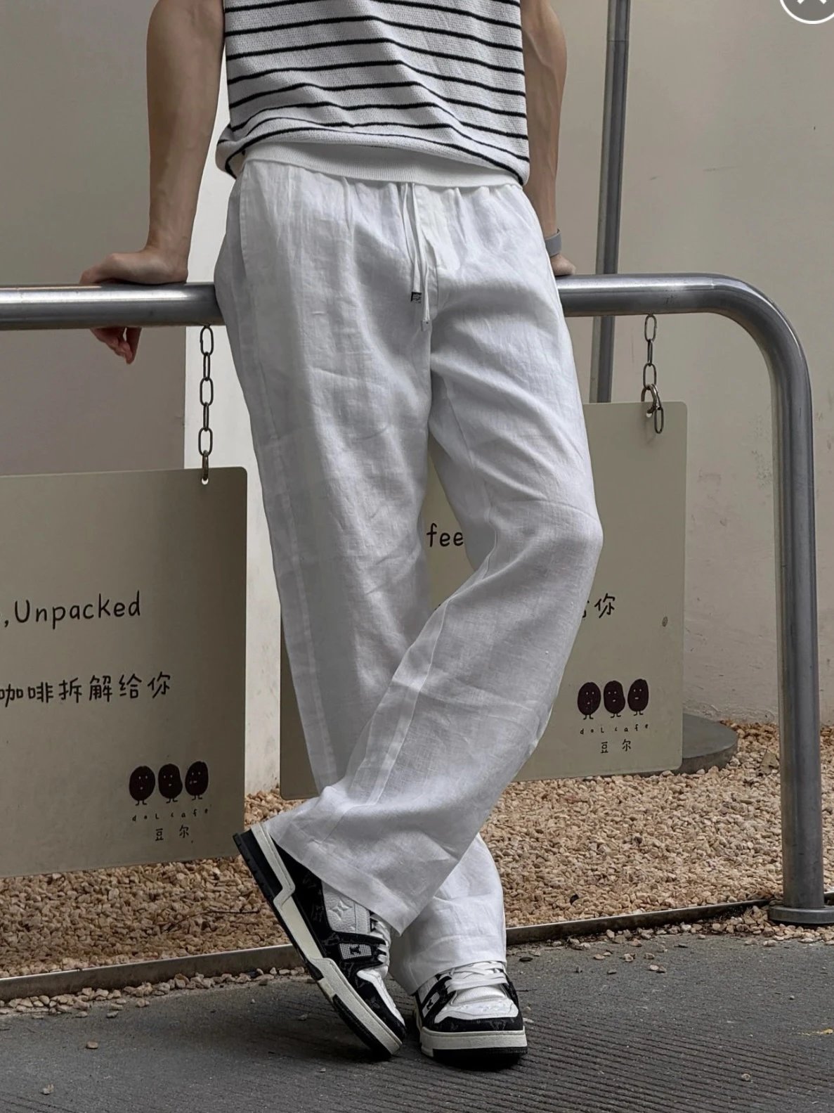 RD-C417 · White Linen Drawstring Wide-Leg Trousers showcase view 1