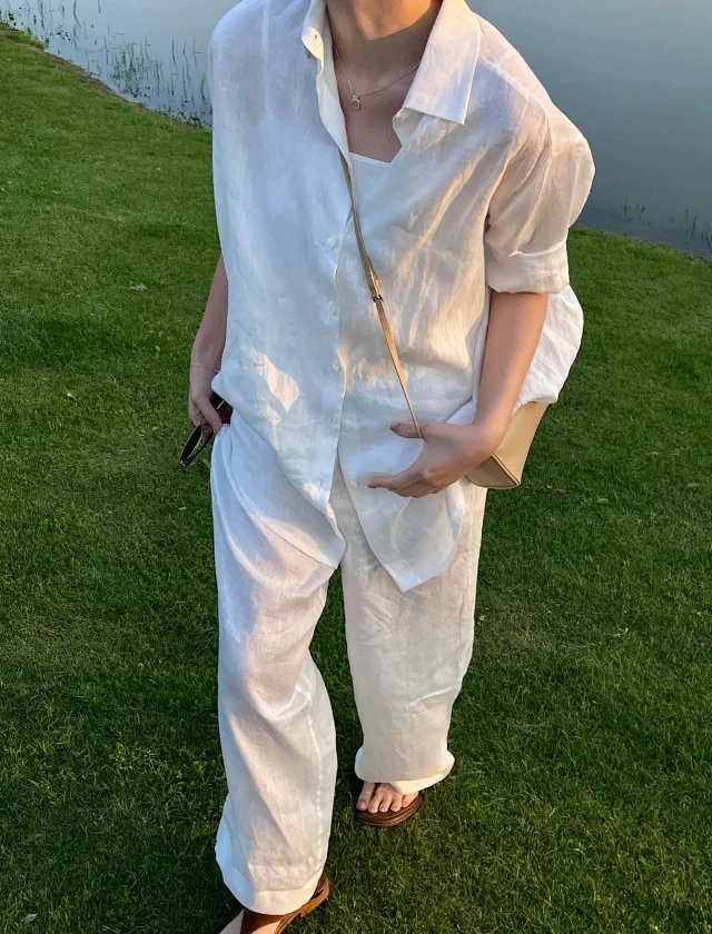 RD-C417 · White Linen Drawstring Wide-Leg Trousers showcase view 4