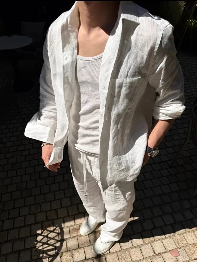 RD-C417 · White Linen Drawstring Wide-Leg Trousers showcase view 2