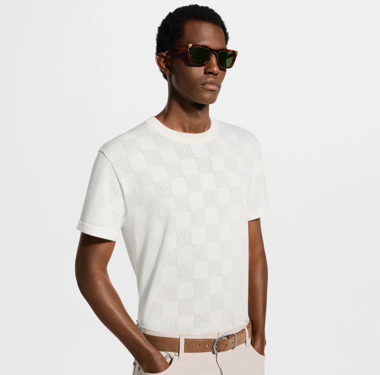 RD-C153 · Openwork Check Knit Crewneck T-Shirt showcase view 5