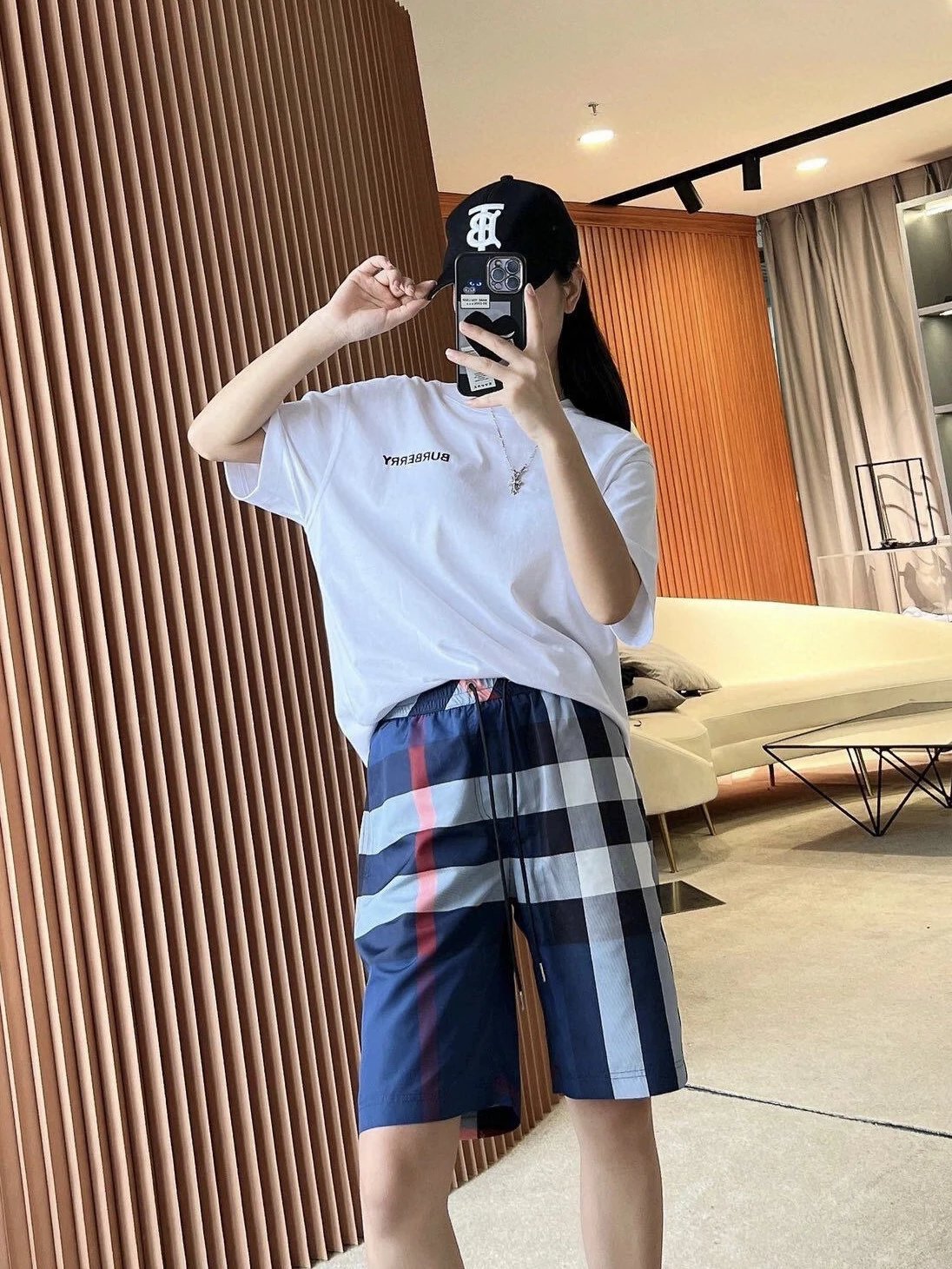 RD-C289 · Large Check Drawstring Shorts – Navy showcase view 5