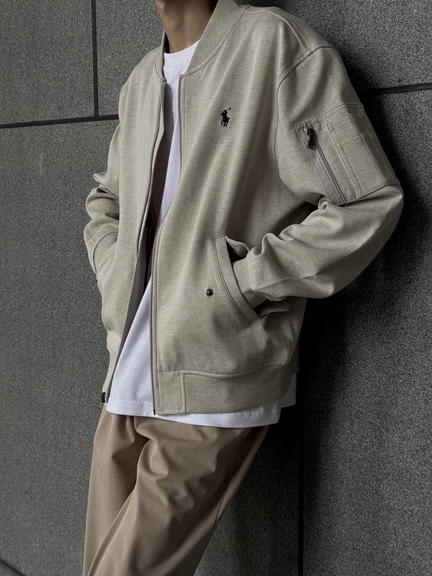RD-C231 · Light Grey Logo-Embroidered Zip Bomber Jacket showcase view 3