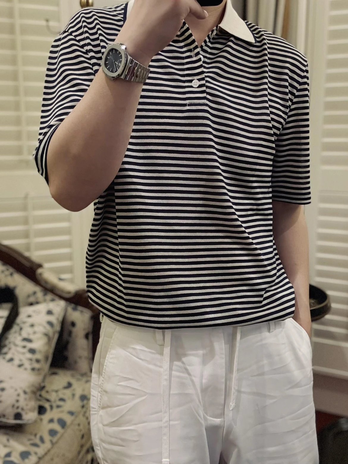 RD-C176 · Contrast-Stripe Knit Polo showcase view 5