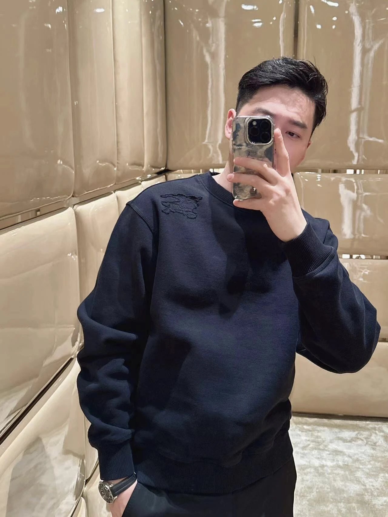 RD-C273 · Navy Appliqué Fleece Crewneck Sweatshirt showcase view 1