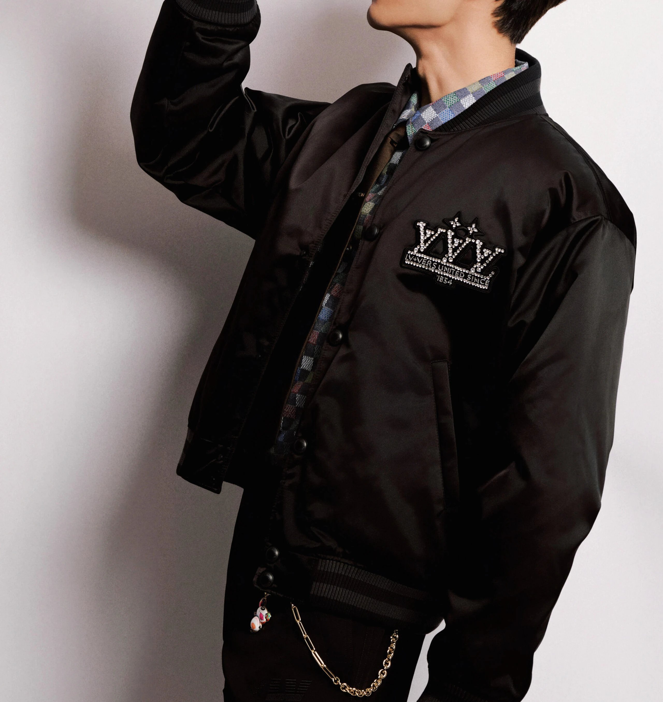 RD-C244 · Crystal-Emblem Satin Bomber Jacket showcase view 3