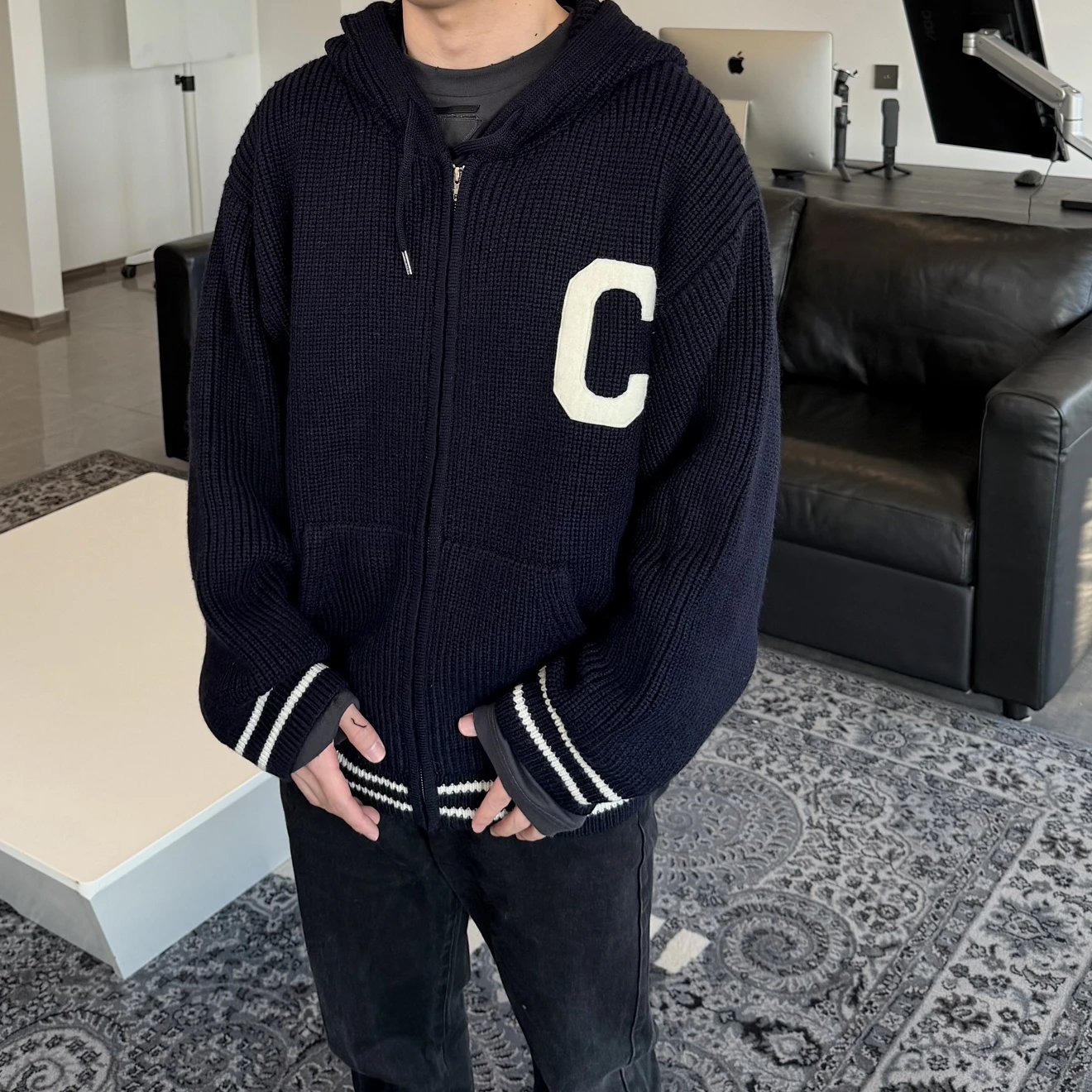 RD-C247 · Navy Patch-Letter Wool-Blend Hooded Knit Jacket showcase view 1