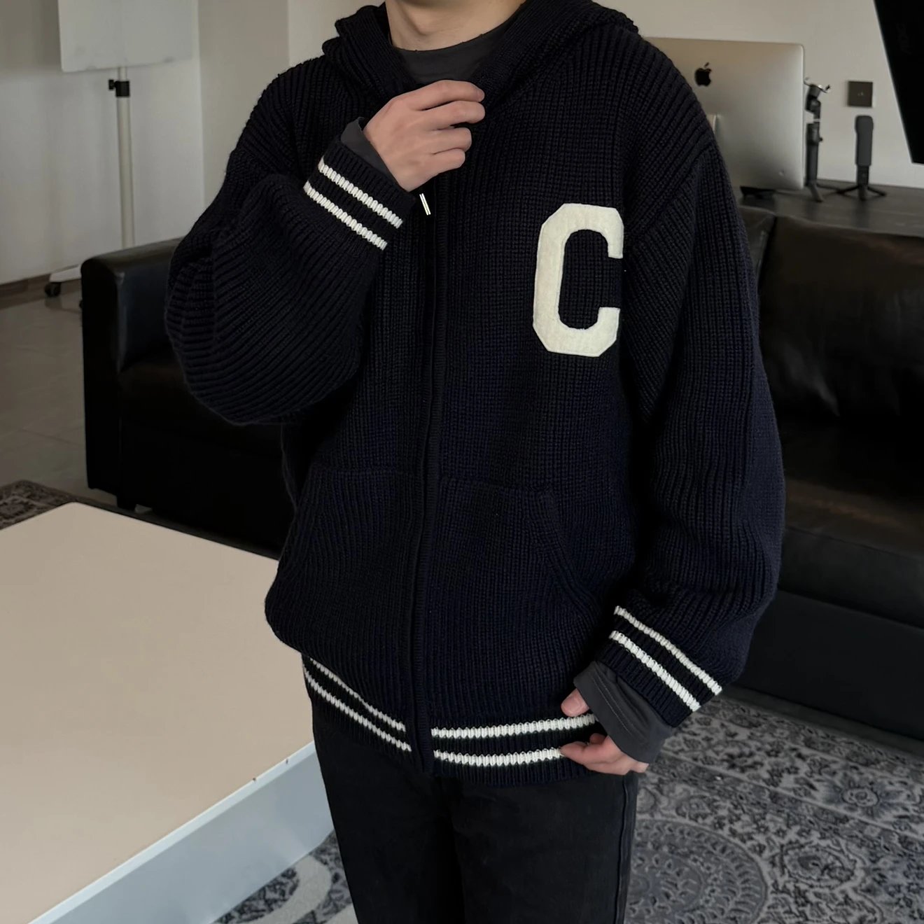 RD-C247 · Navy Patch-Letter Wool-Blend Hooded Knit Jacket showcase view 2