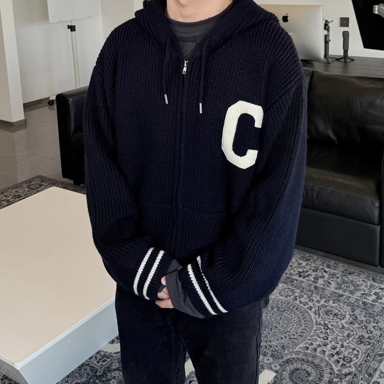 RD-C247 · Navy Patch-Letter Wool-Blend Hooded Knit Jacket showcase view 4