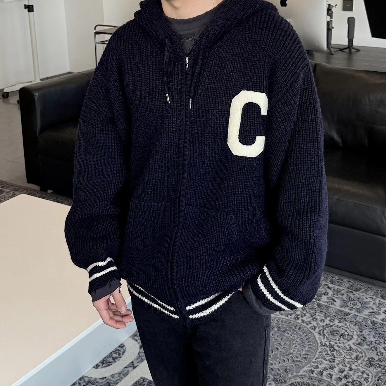 RD-C247 · Navy Patch-Letter Wool-Blend Hooded Knit Jacket showcase view 5