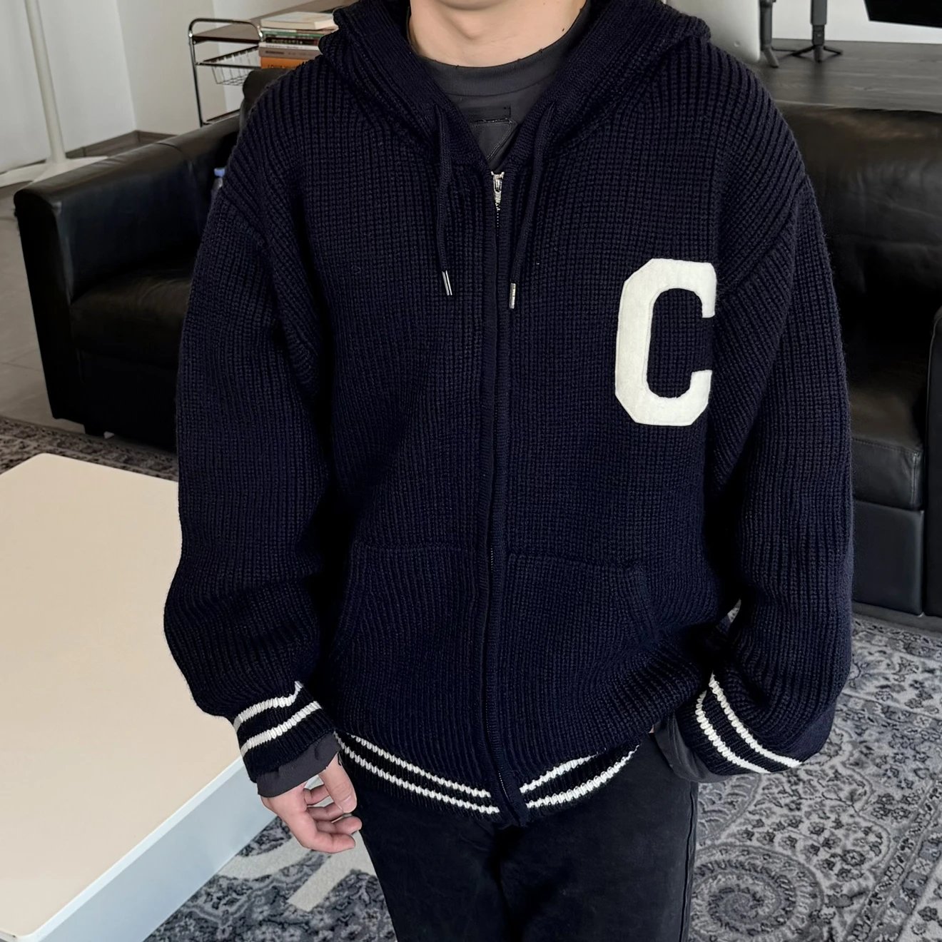 RD-C247 · Navy Patch-Letter Wool-Blend Hooded Knit Jacket showcase view 9