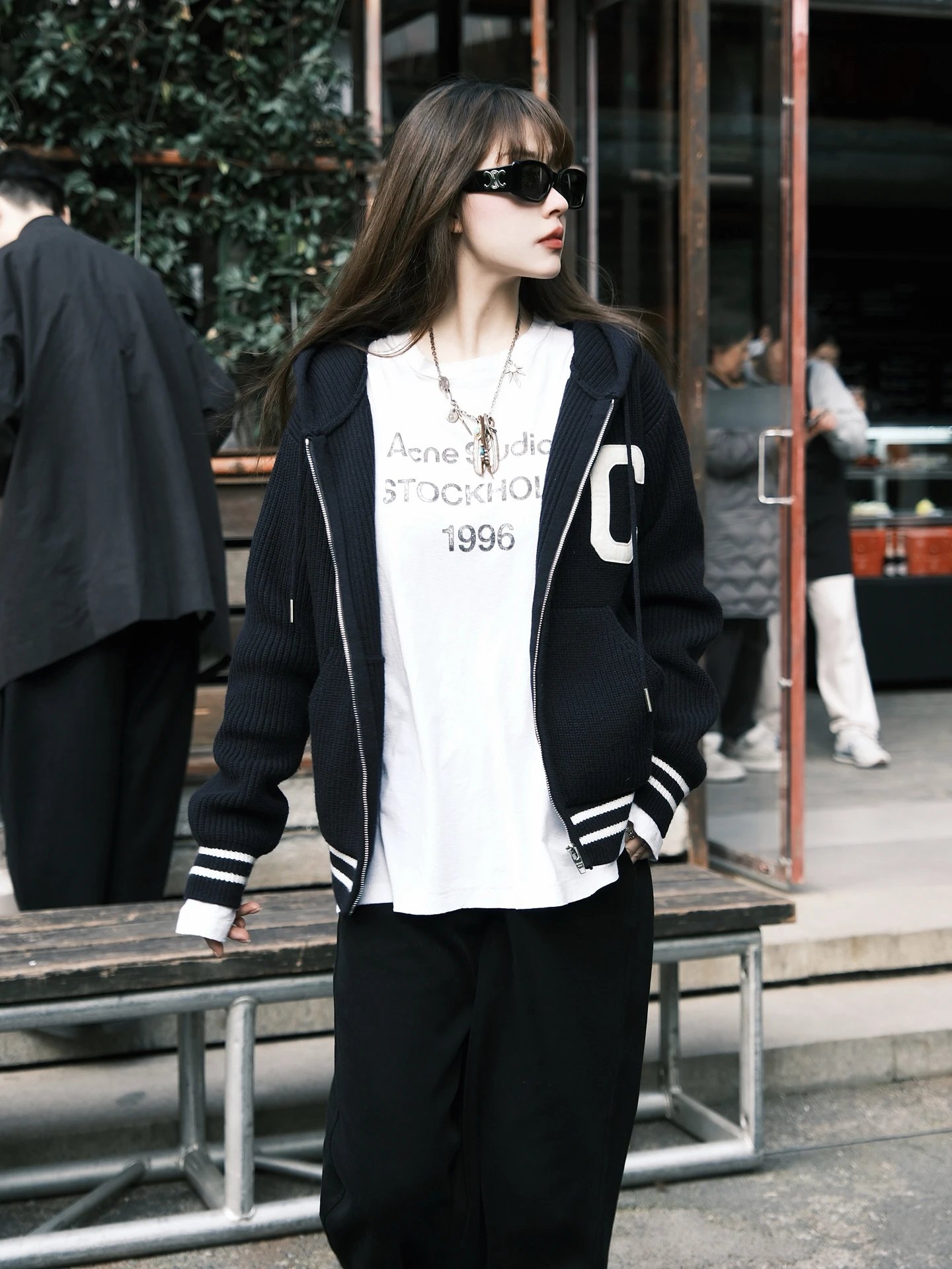 RD-C247 · Navy Patch-Letter Wool-Blend Hooded Knit Jacket showcase view 8