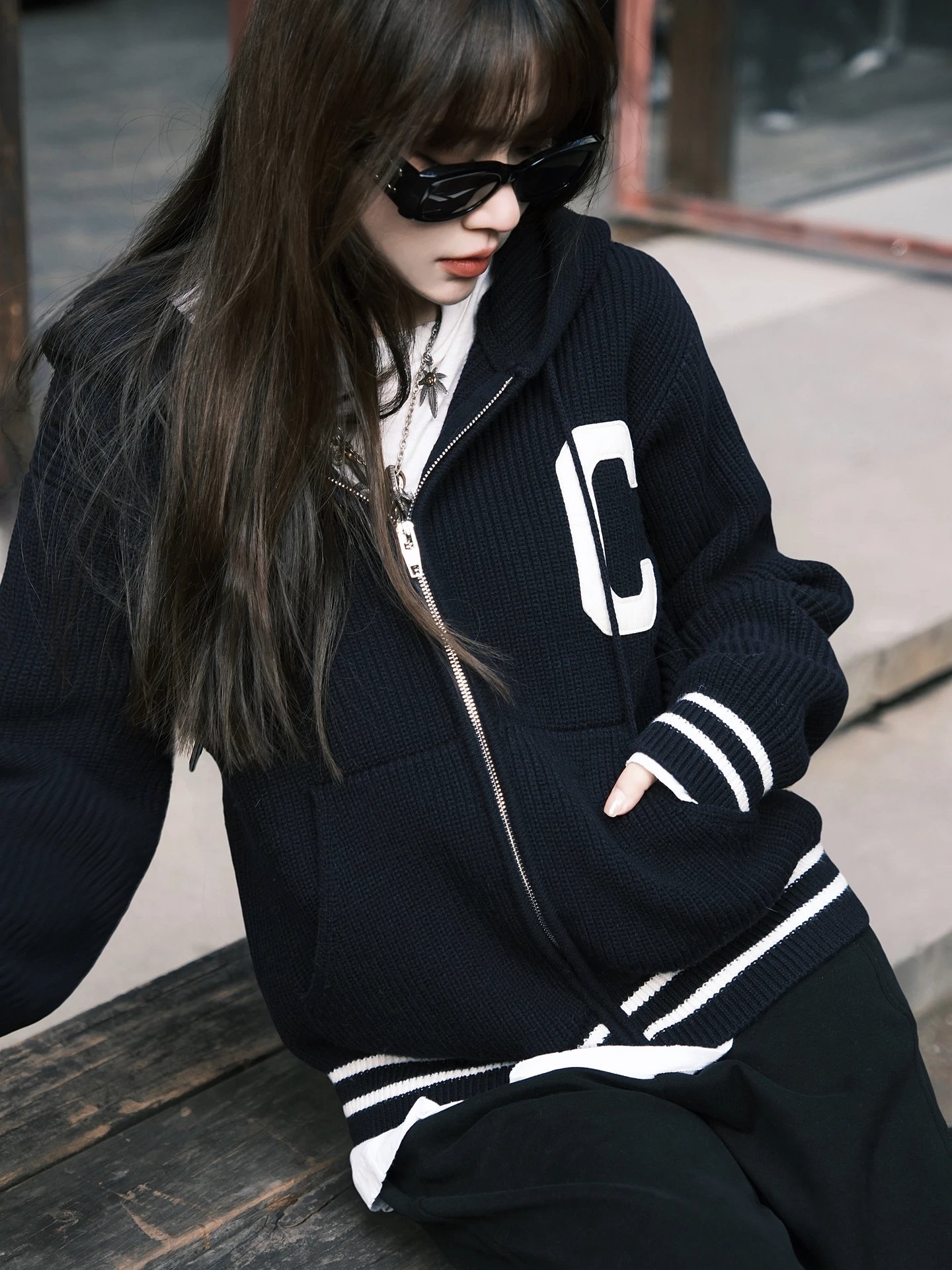 RD-C247 · Navy Patch-Letter Wool-Blend Hooded Knit Jacket showcase view 6