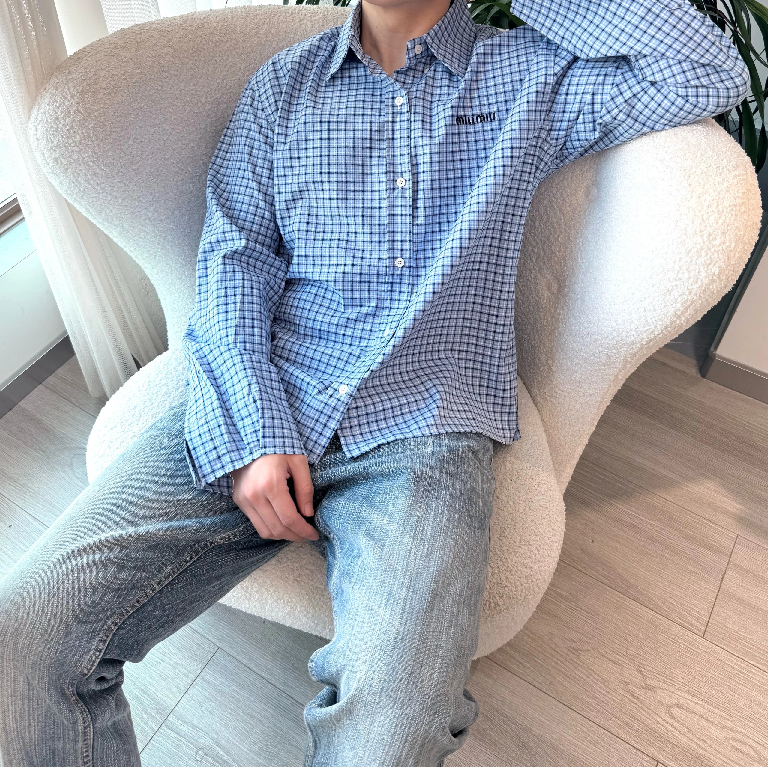 RD-C347 · Sky Blue Plaid Cropped Shirt showcase view 2