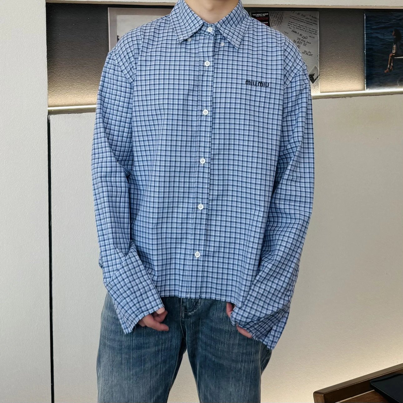 RD-C347 · Sky Blue Plaid Cropped Shirt showcase view 3
