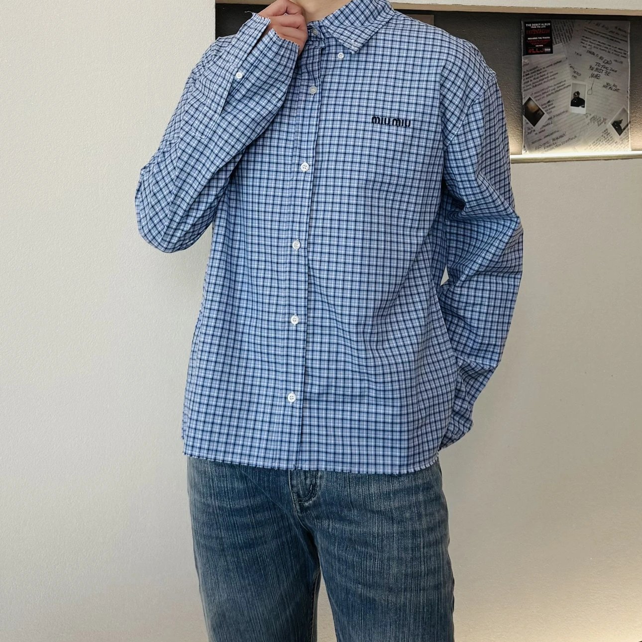 RD-C347 · Sky Blue Plaid Cropped Shirt showcase view 4