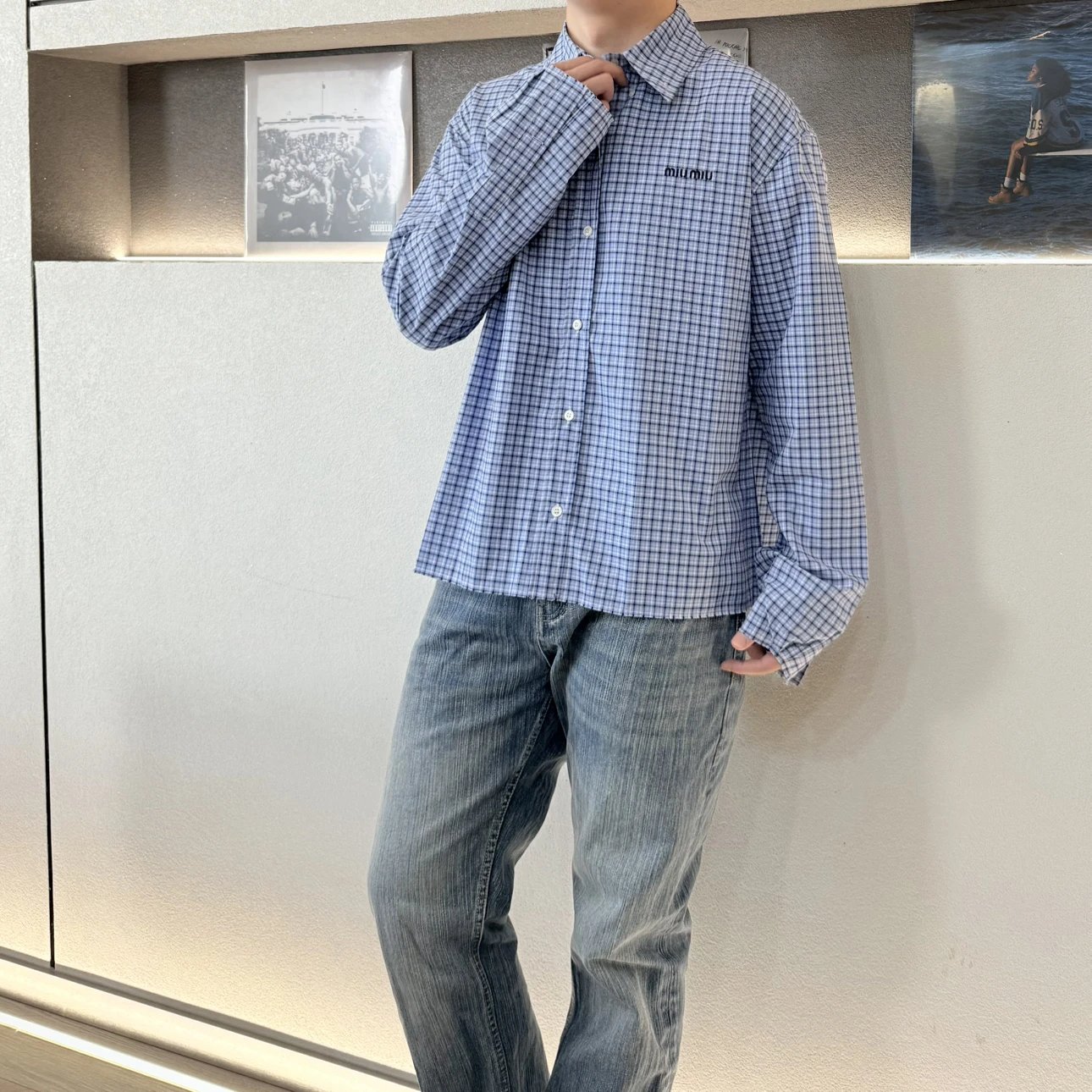 RD-C347 · Sky Blue Plaid Cropped Shirt showcase view 5
