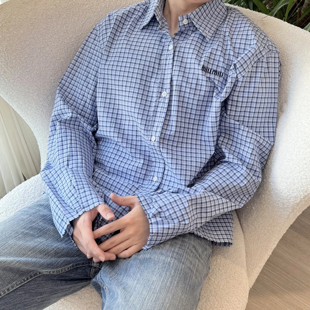 RD-C347 · Sky Blue Plaid Cropped Shirt showcase view 14