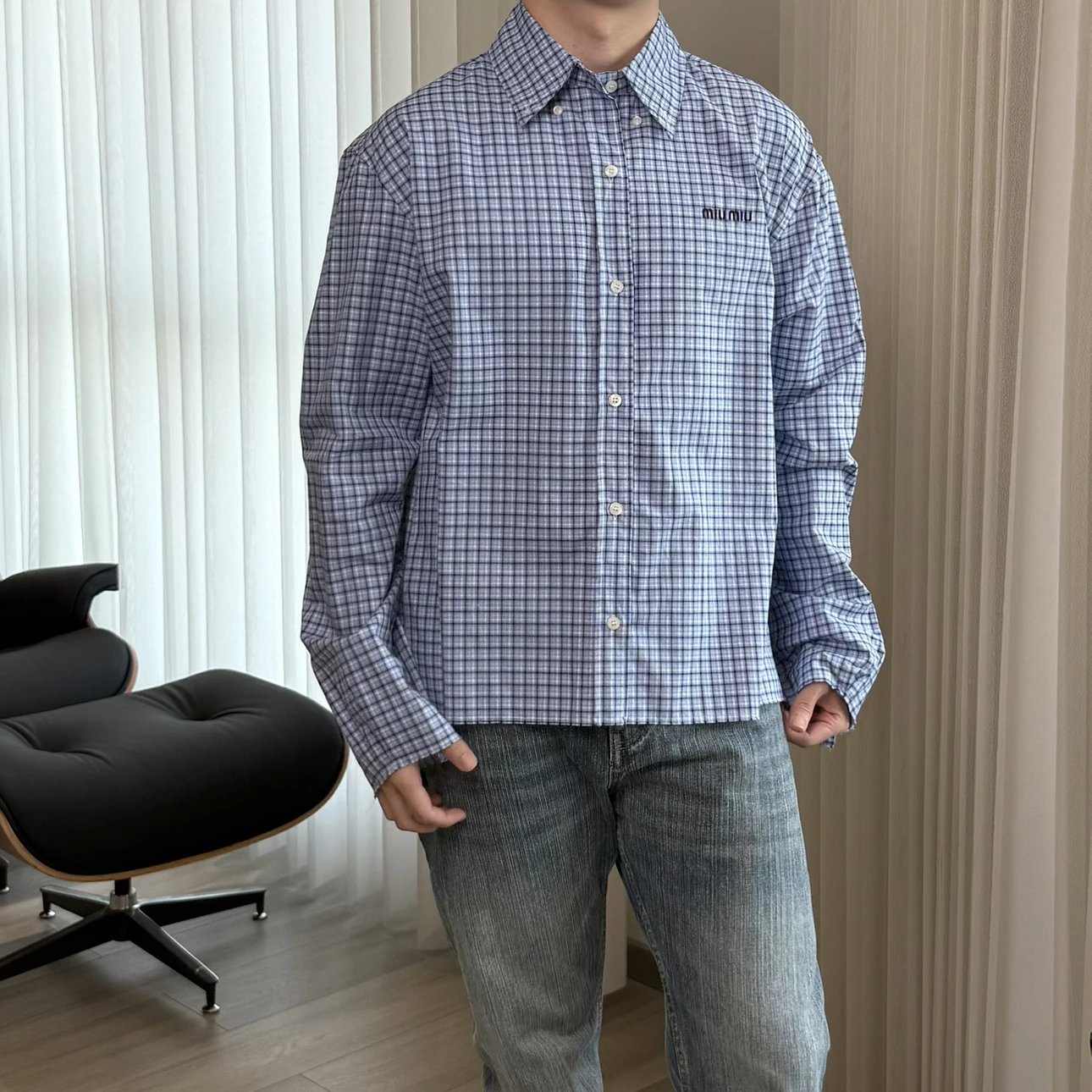 RD-C347 · Sky Blue Plaid Cropped Shirt showcase view 15