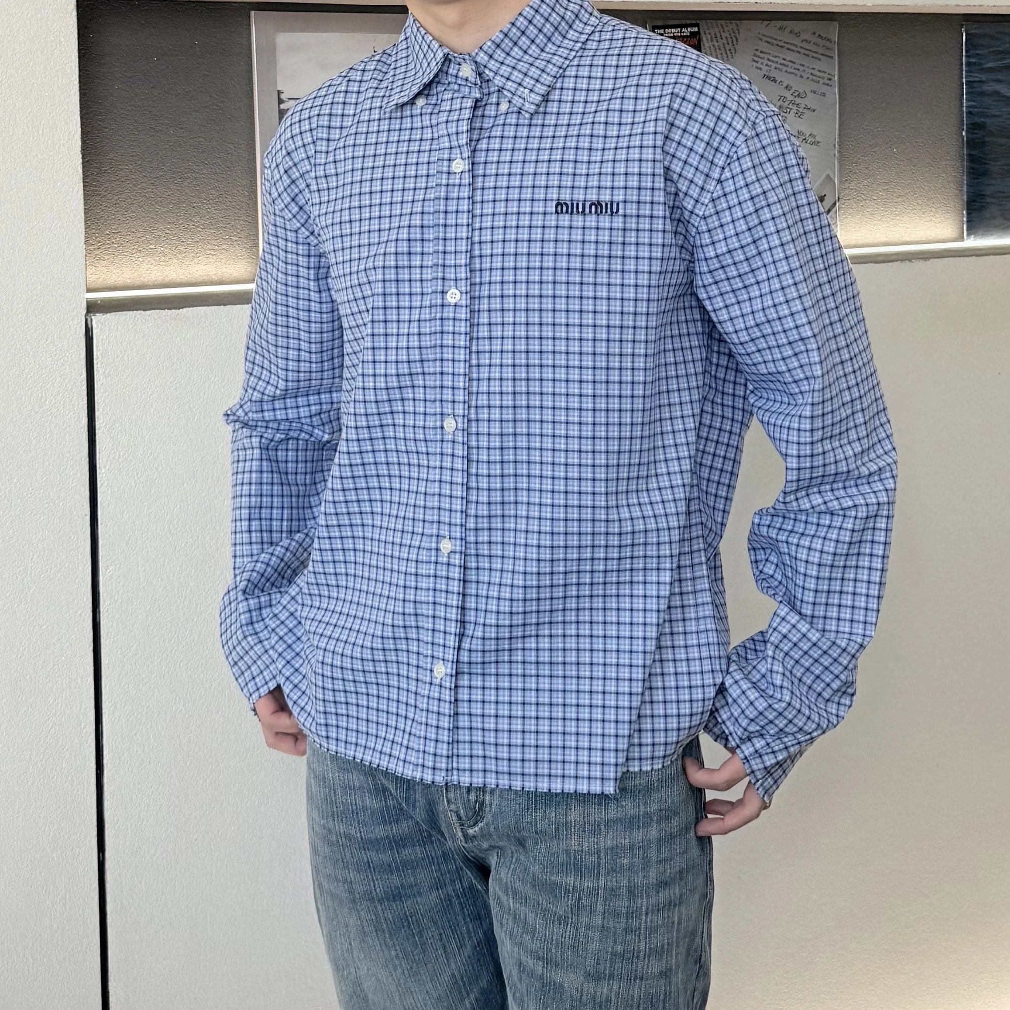 RD-C347 · Sky Blue Plaid Cropped Shirt showcase view 16