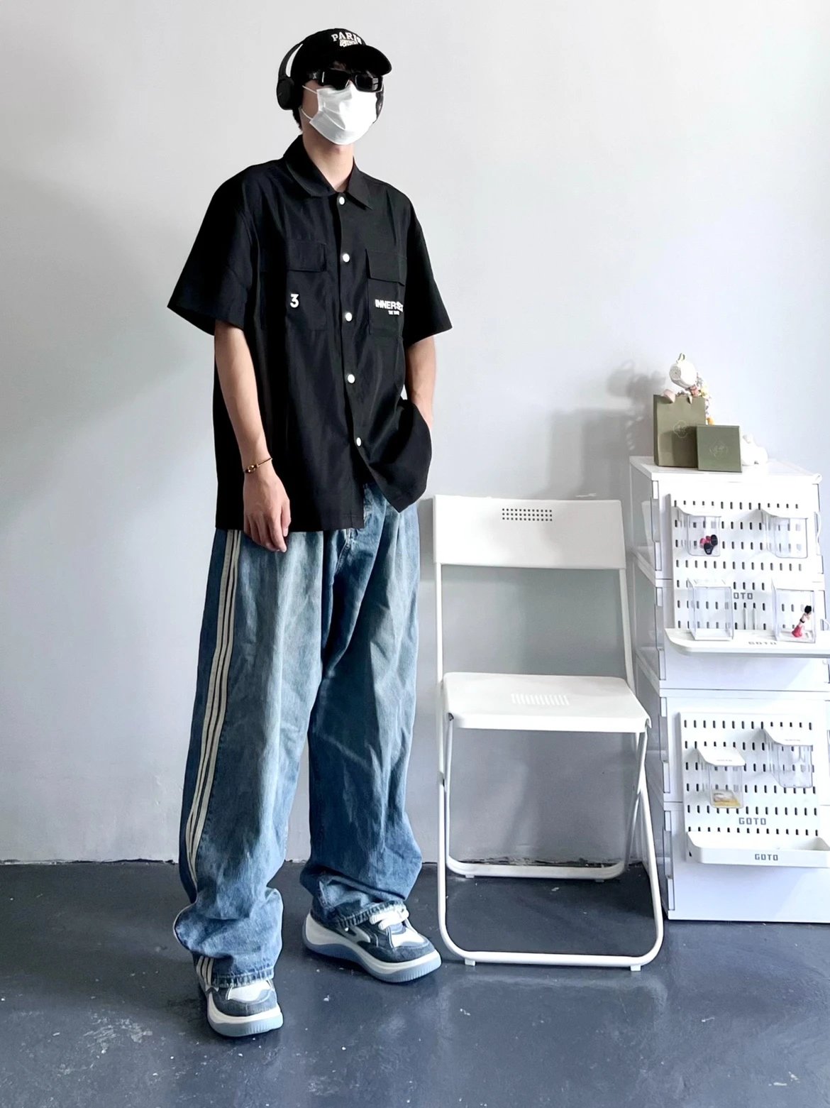 RD-C425 · Washed Blue Striped-Side Wide-Leg Jeans showcase view 3