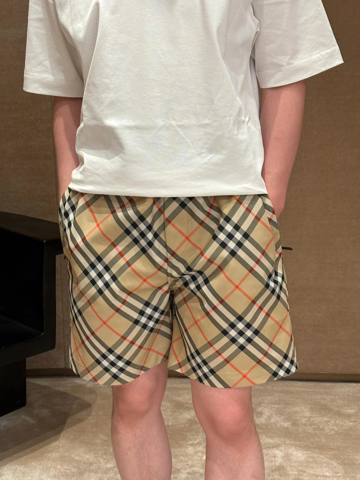 RD-C299 · Beige Check Drawstring Shorts showcase view 1