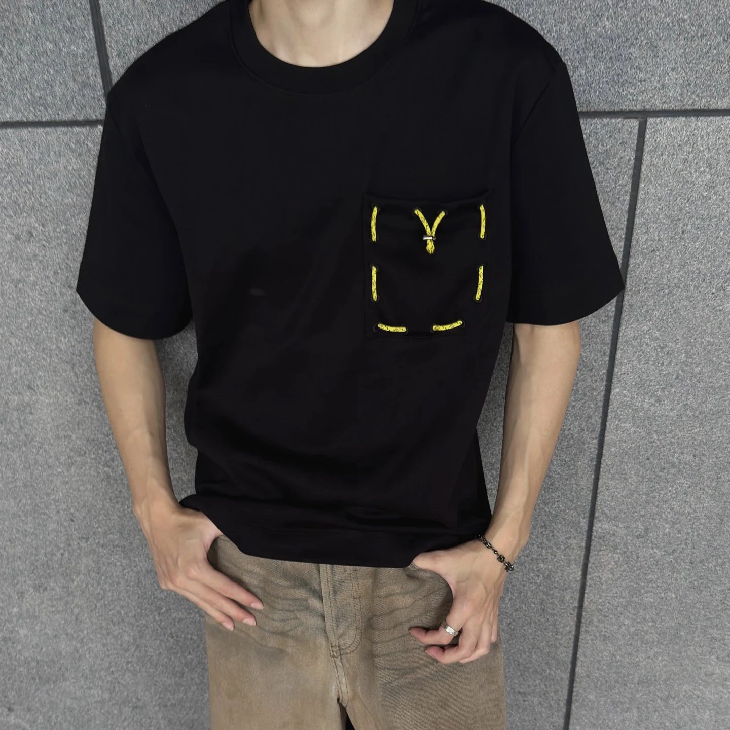 RD-C073 · Yellow Drawstring Pocket T-Shirt showcase view 1