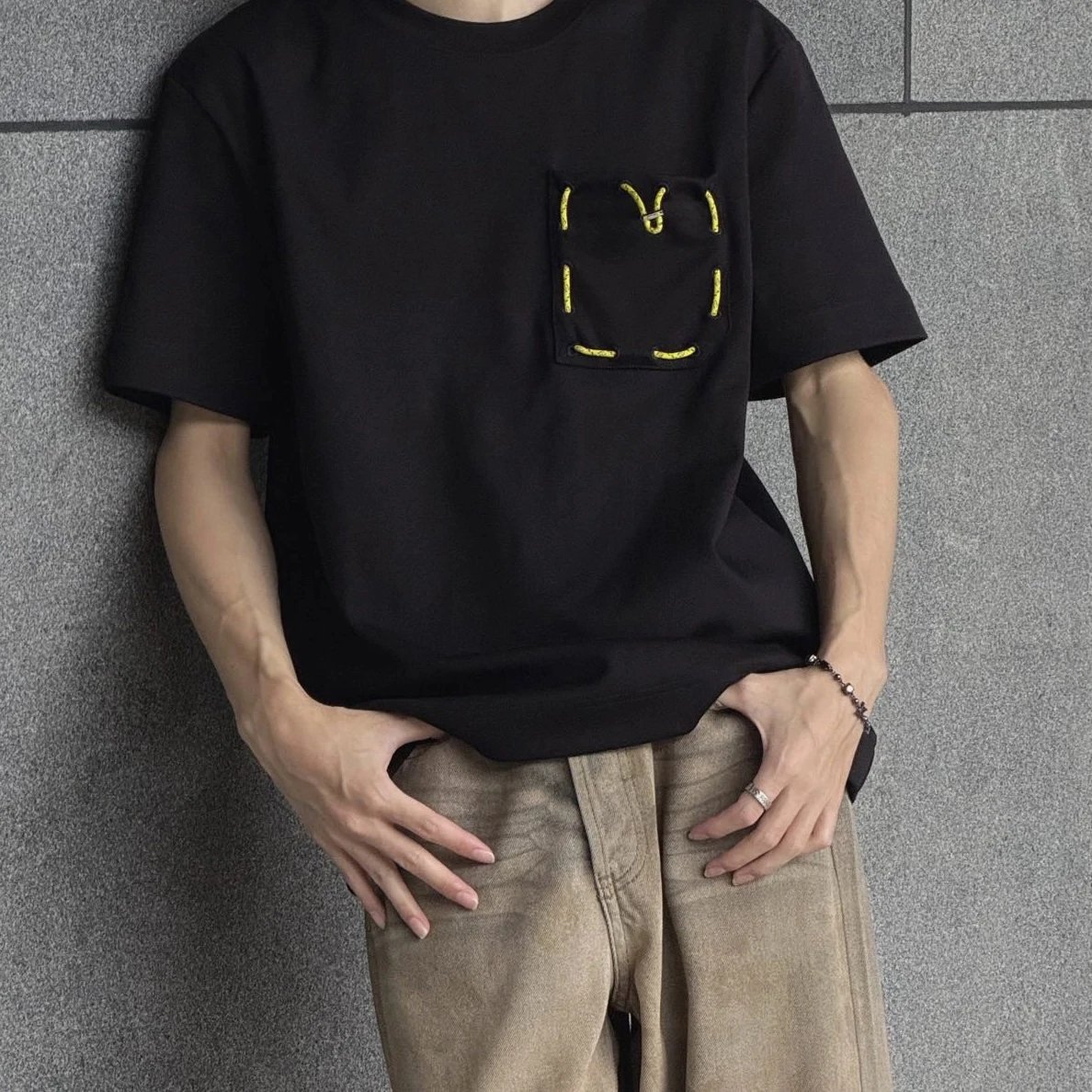 RD-C073 · Yellow Drawstring Pocket T-Shirt showcase view 3