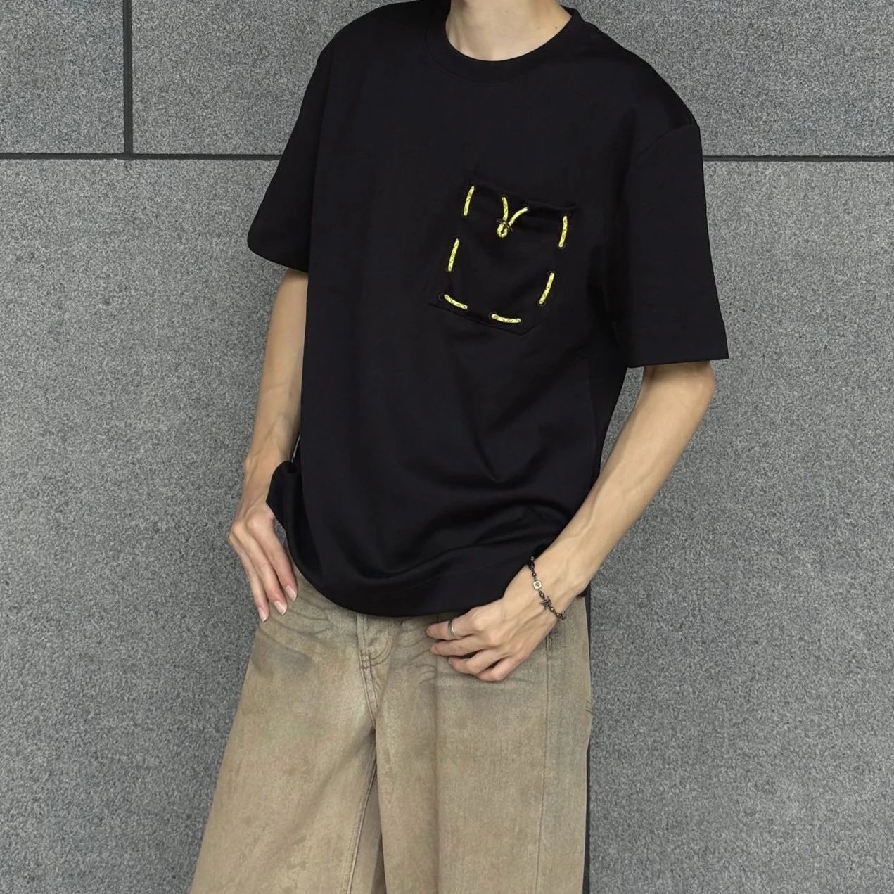 RD-C073 · Yellow Drawstring Pocket T-Shirt showcase view 4