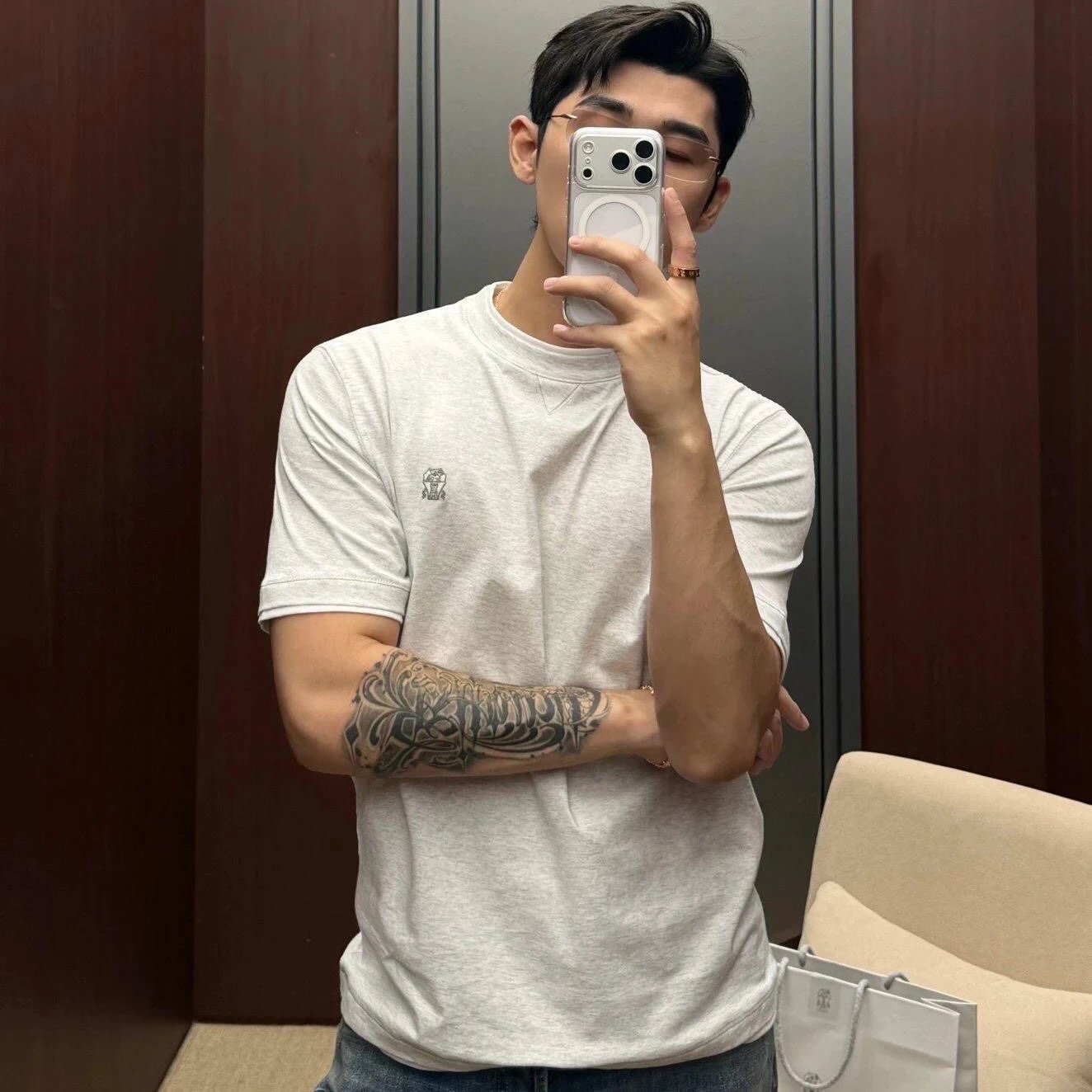 RD-C058 · Melange Grey Layered-Effect Cotton T-Shirt showcase view 1