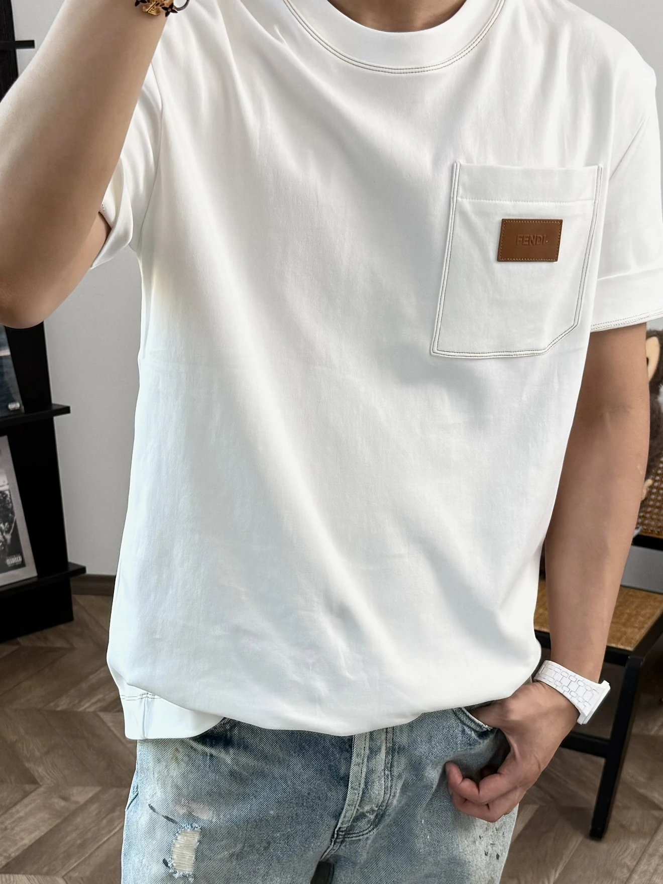 RD-C041 · Leather-Patch Cotton Pocket Tee showcase view 1