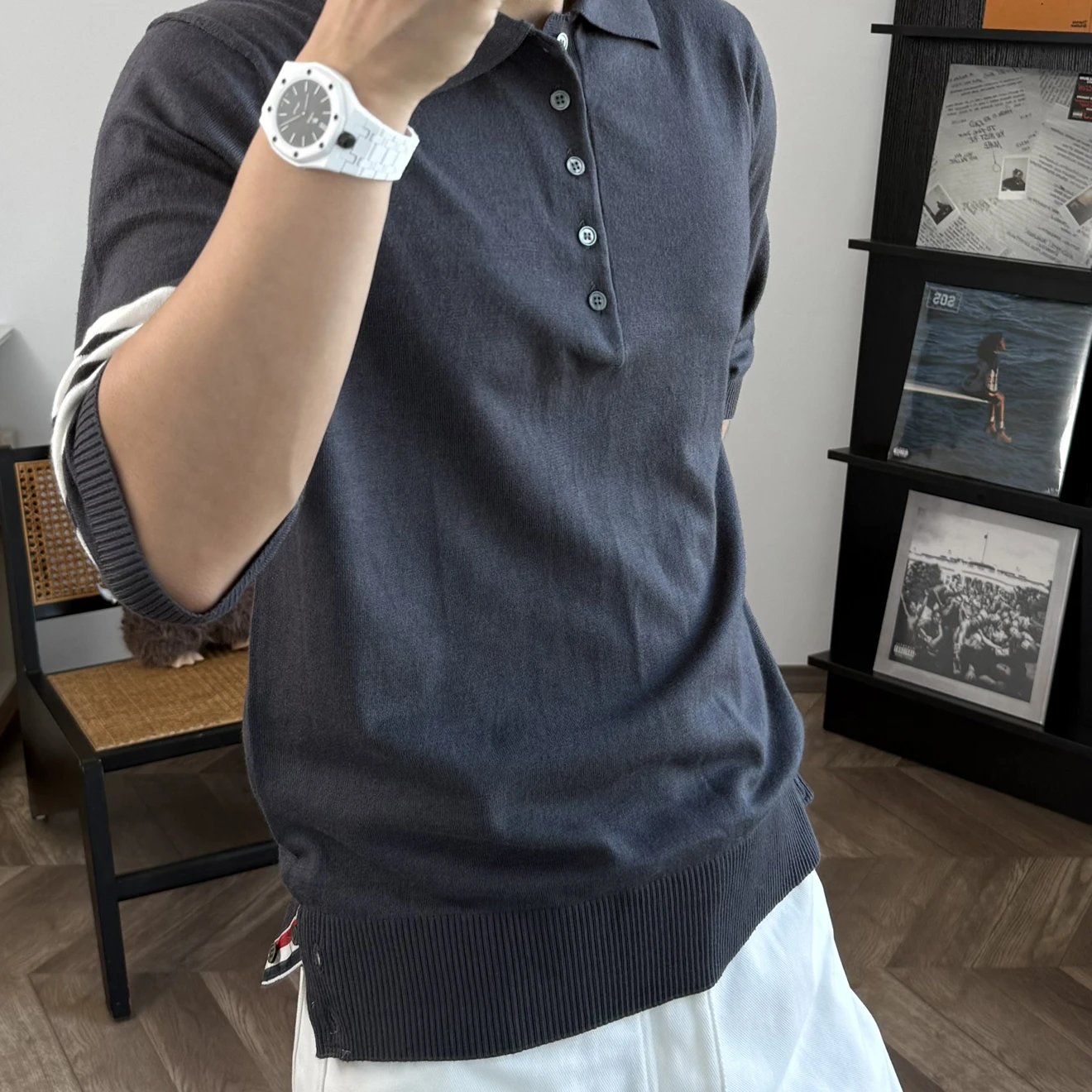 RD-C042 · Four-Stripe Cotton Knit Polo showcase view 1