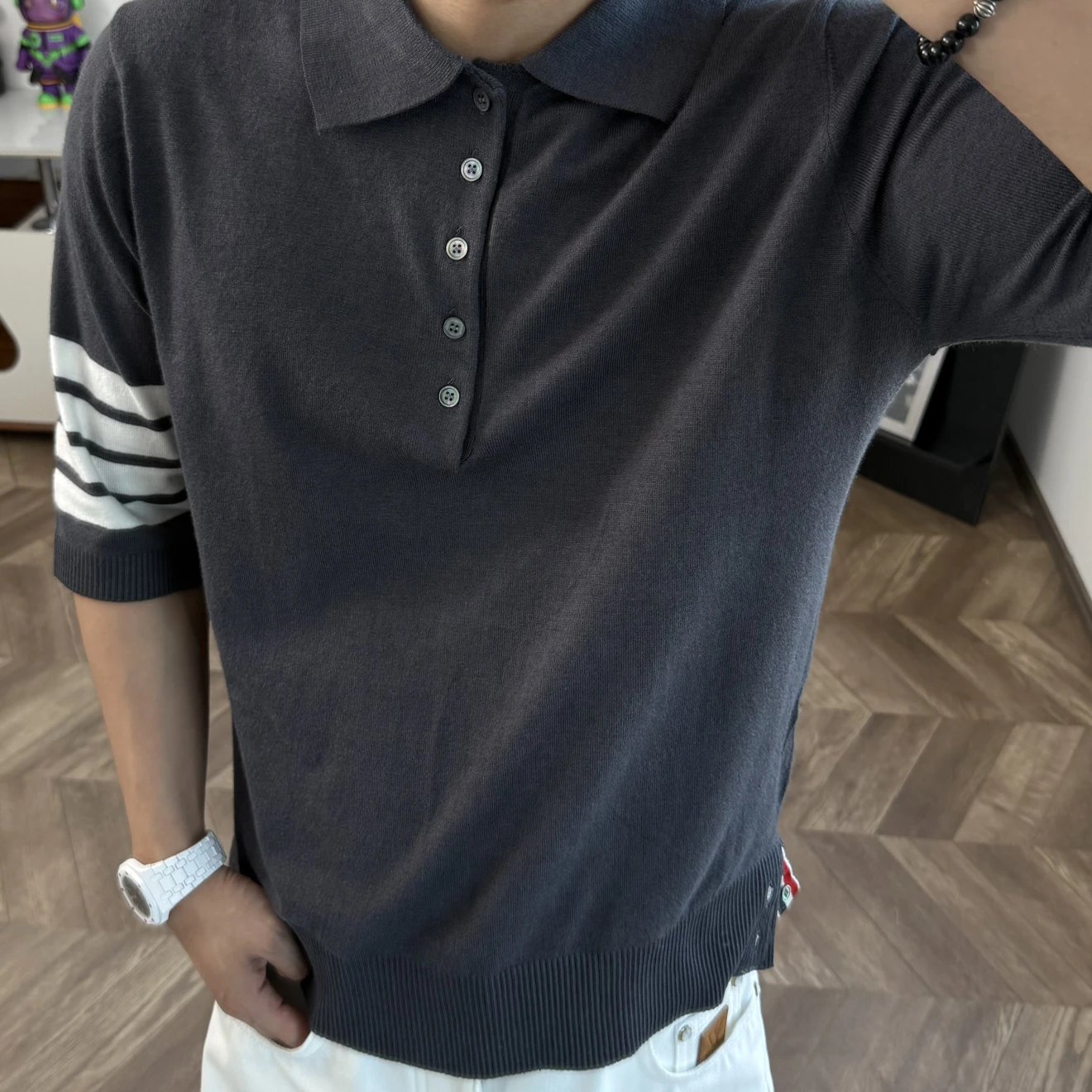 RD-C042 · Four-Stripe Cotton Knit Polo showcase view 3