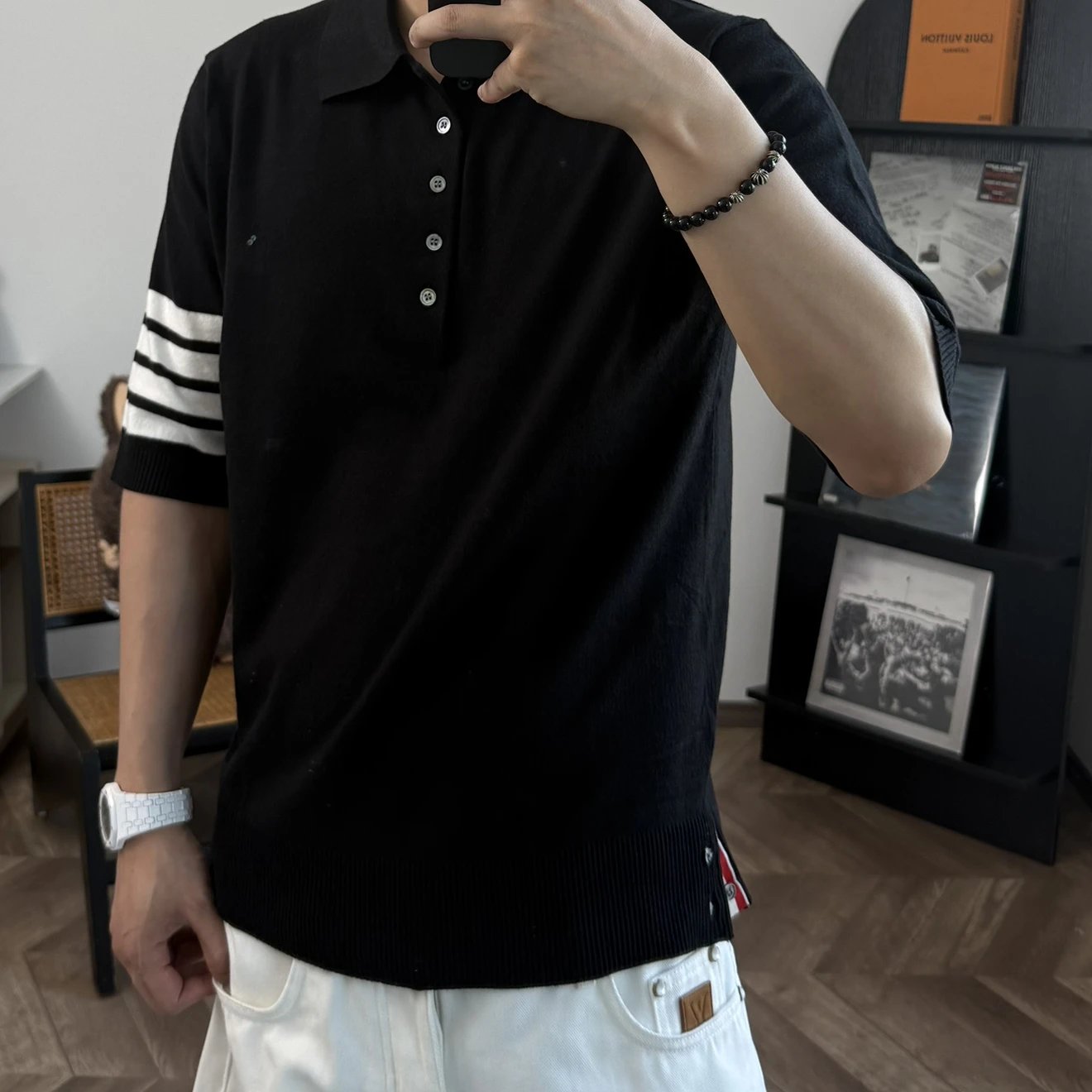 RD-C042 · Four-Stripe Cotton Knit Polo showcase view 4
