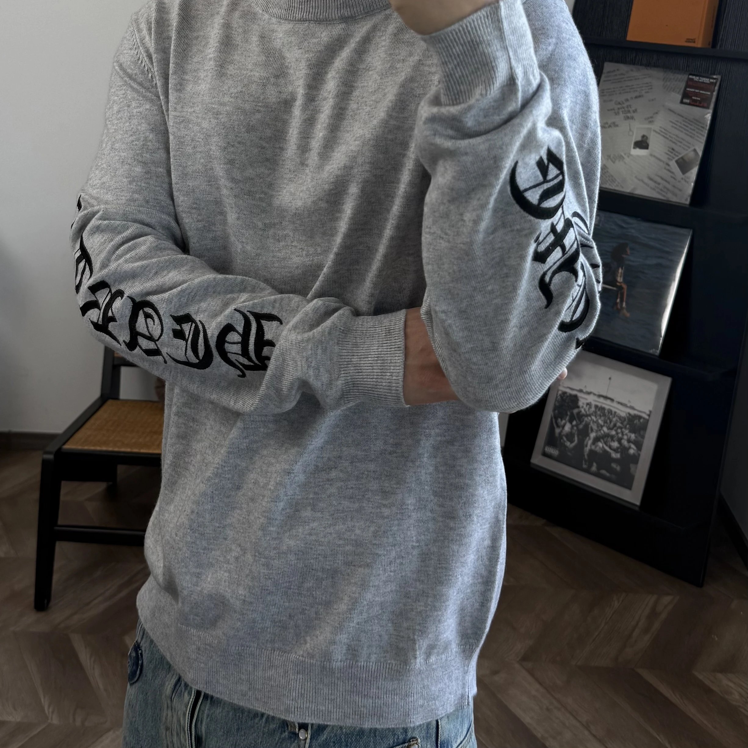 RD-C009 · Gothic-Letter Wool-Cotton Sweater — Grey showcase view 2