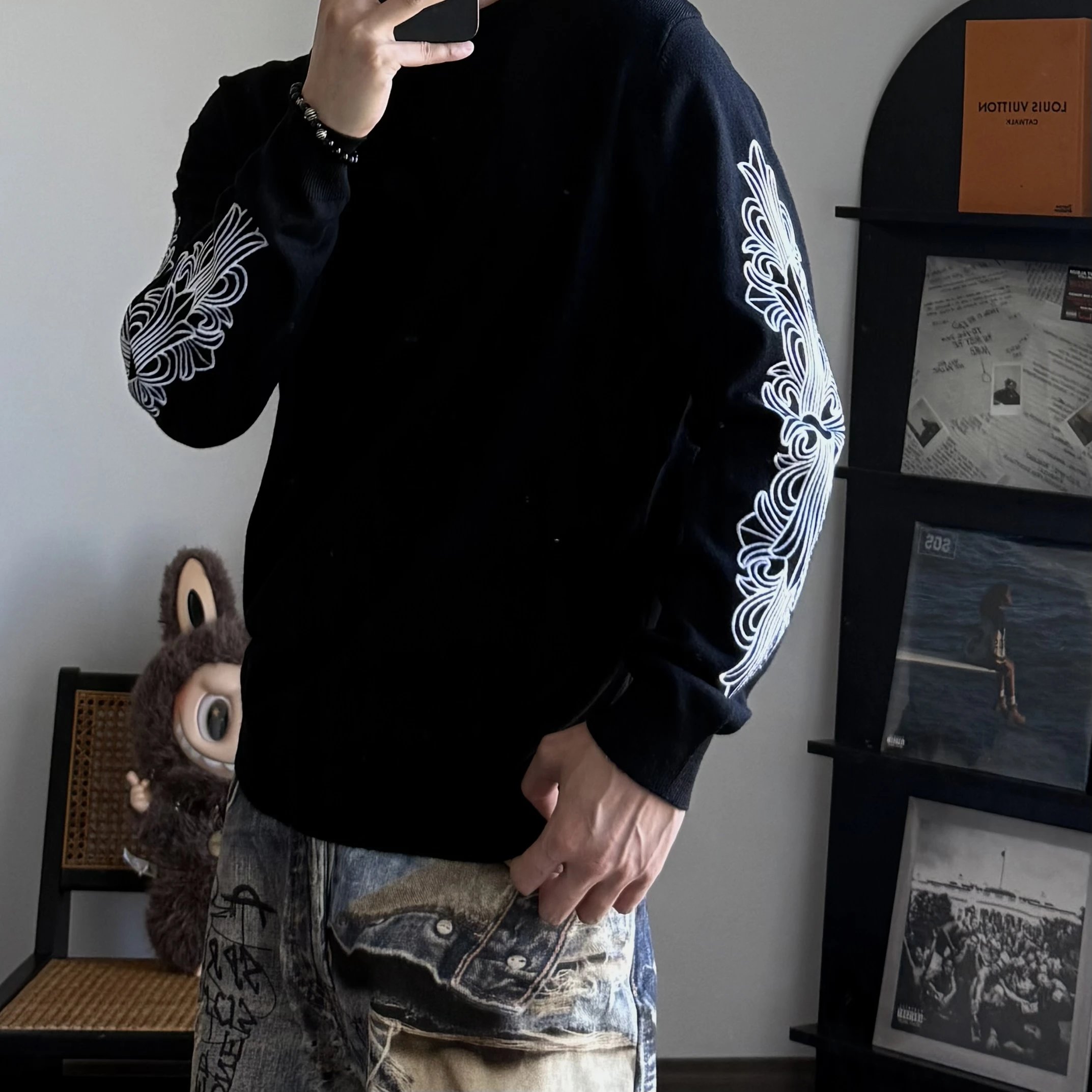 RD-C008 · Cross-Embroidered Wool-Cotton Sweater — Black showcase view 1