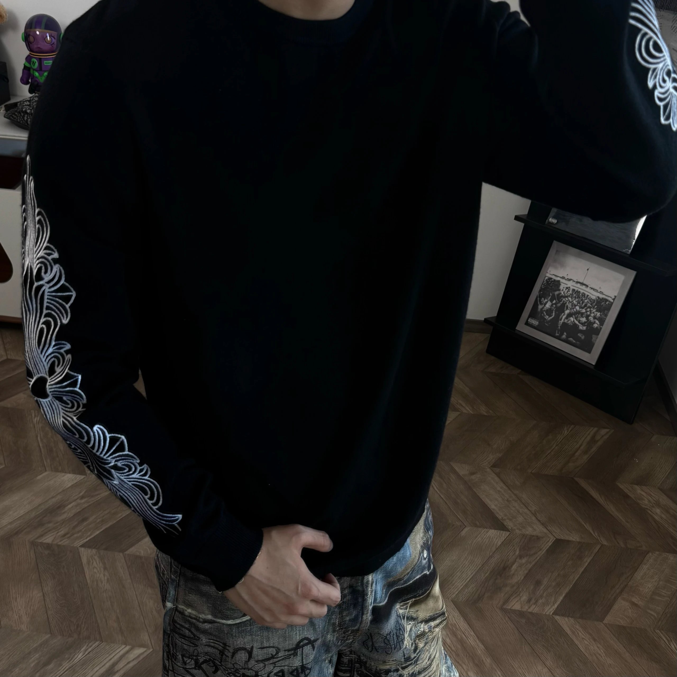 RD-C008 · Cross-Embroidered Wool-Cotton Sweater — Black showcase view 2