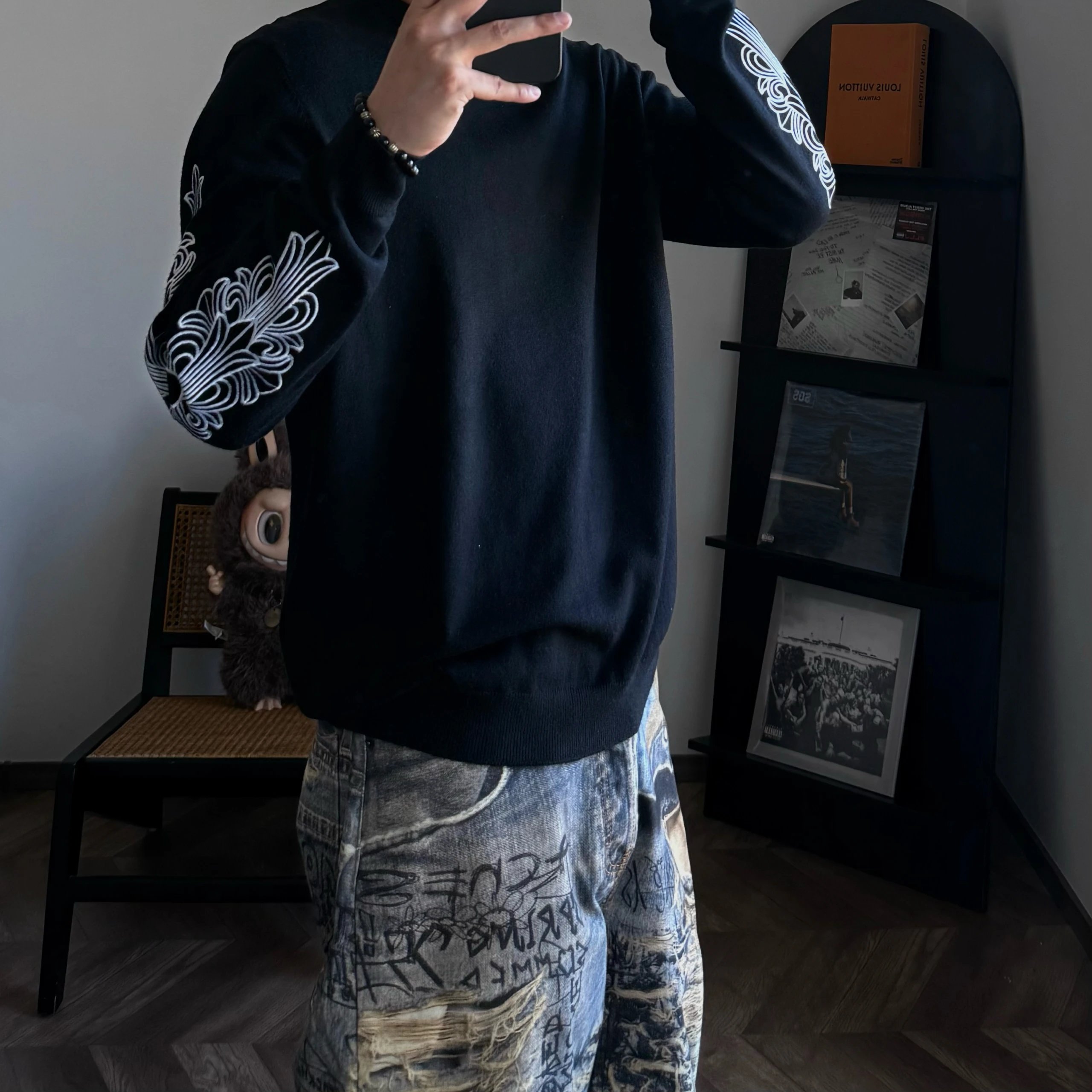 RD-C008 · Cross-Embroidered Wool-Cotton Sweater — Black showcase view 6