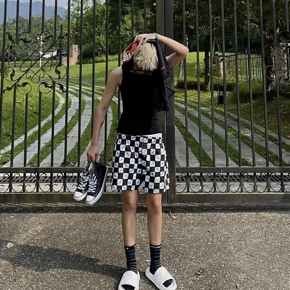 RD-C067 · Checkerboard Embroidered Shorts showcase view 6