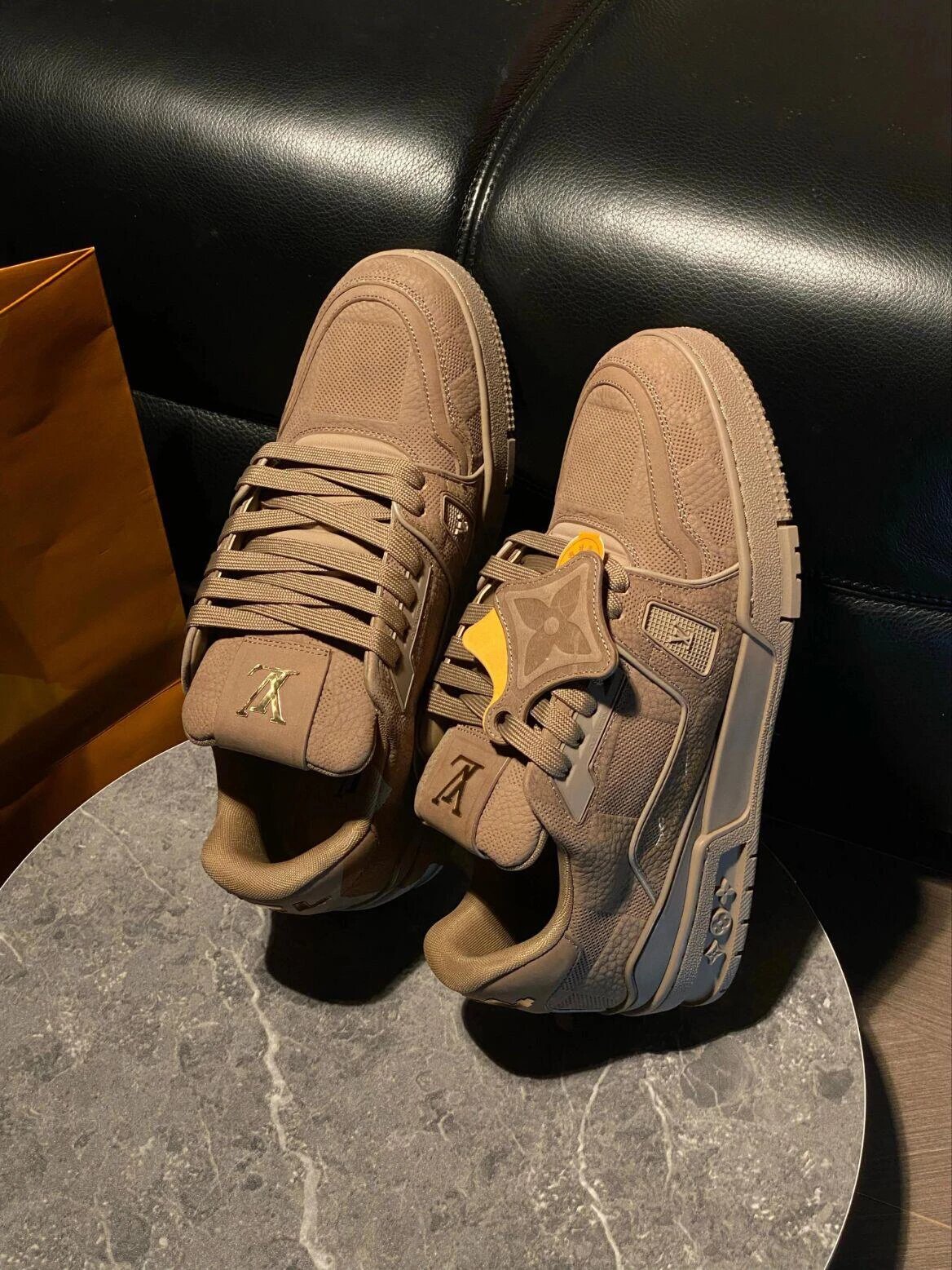 RD-S014 · Brown Embossed-Check Leather Trainer showcase view 2