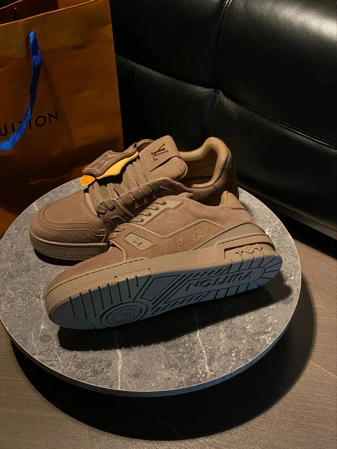 RD-S014 · Brown Embossed-Check Leather Trainer showcase view 3